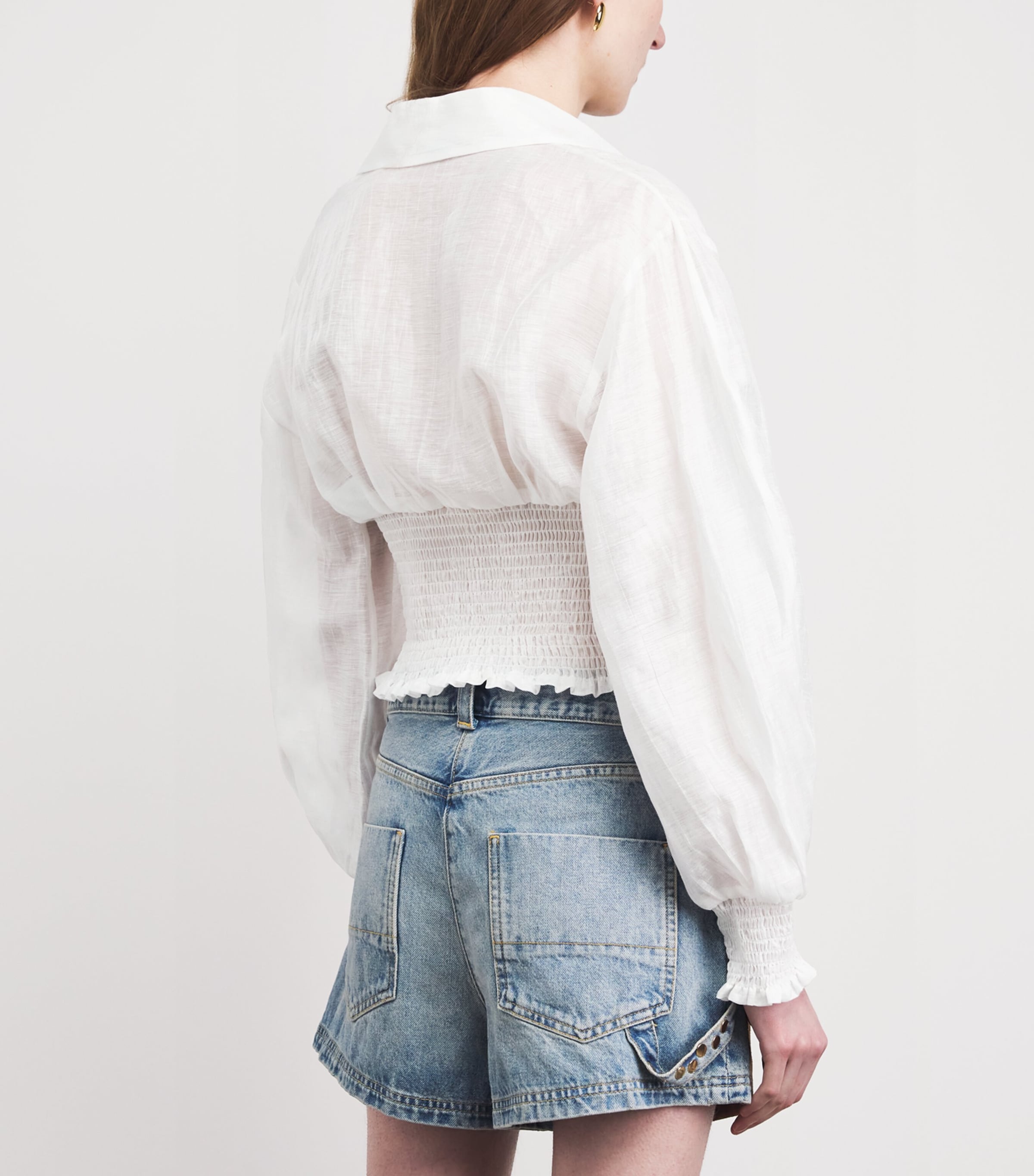 Sandro Paris Womens Linen-Blend Smocked Shirt White Image 5