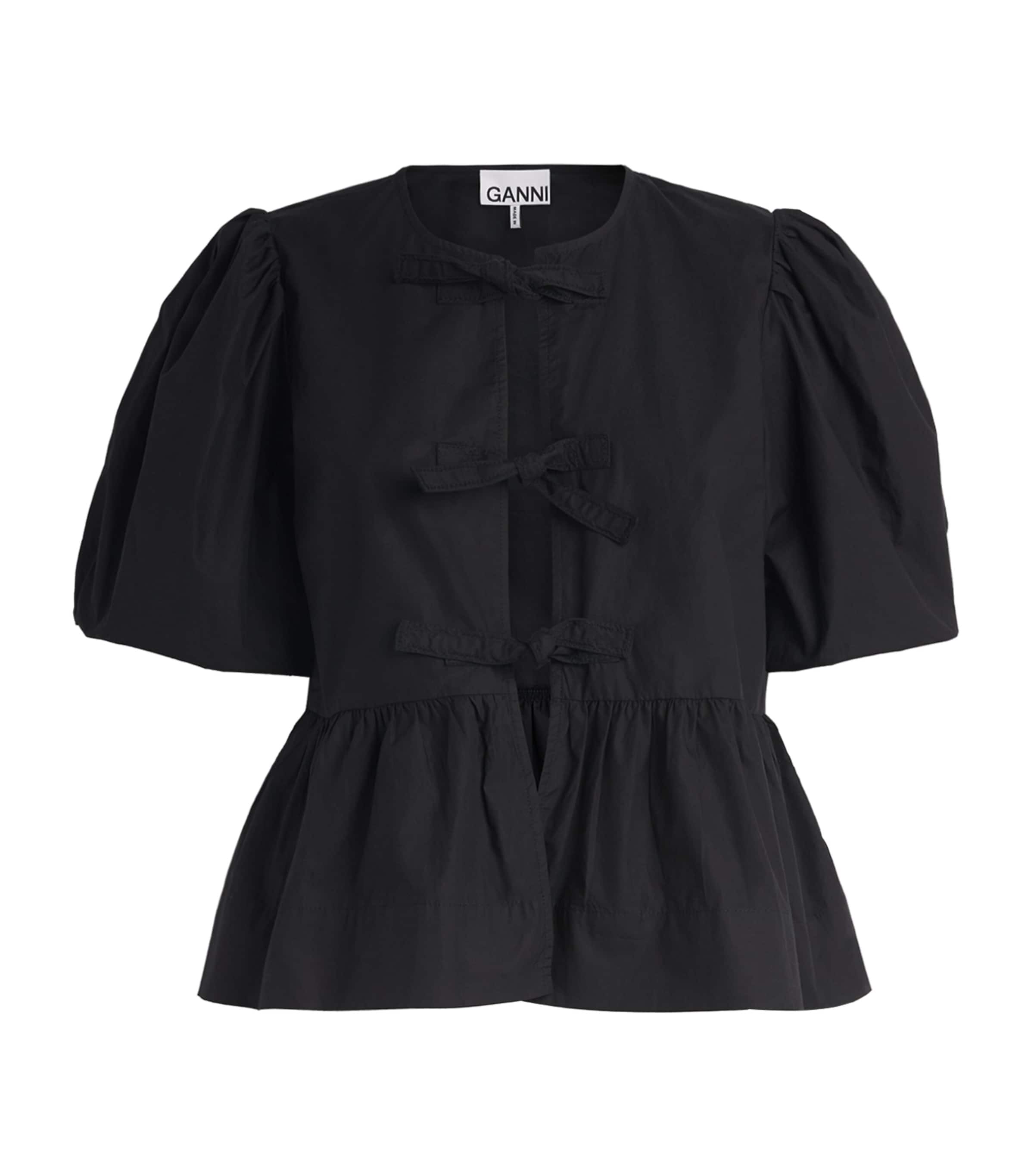 GANNI Womens Cotton Poplin Peplum Blouse Black Image 1