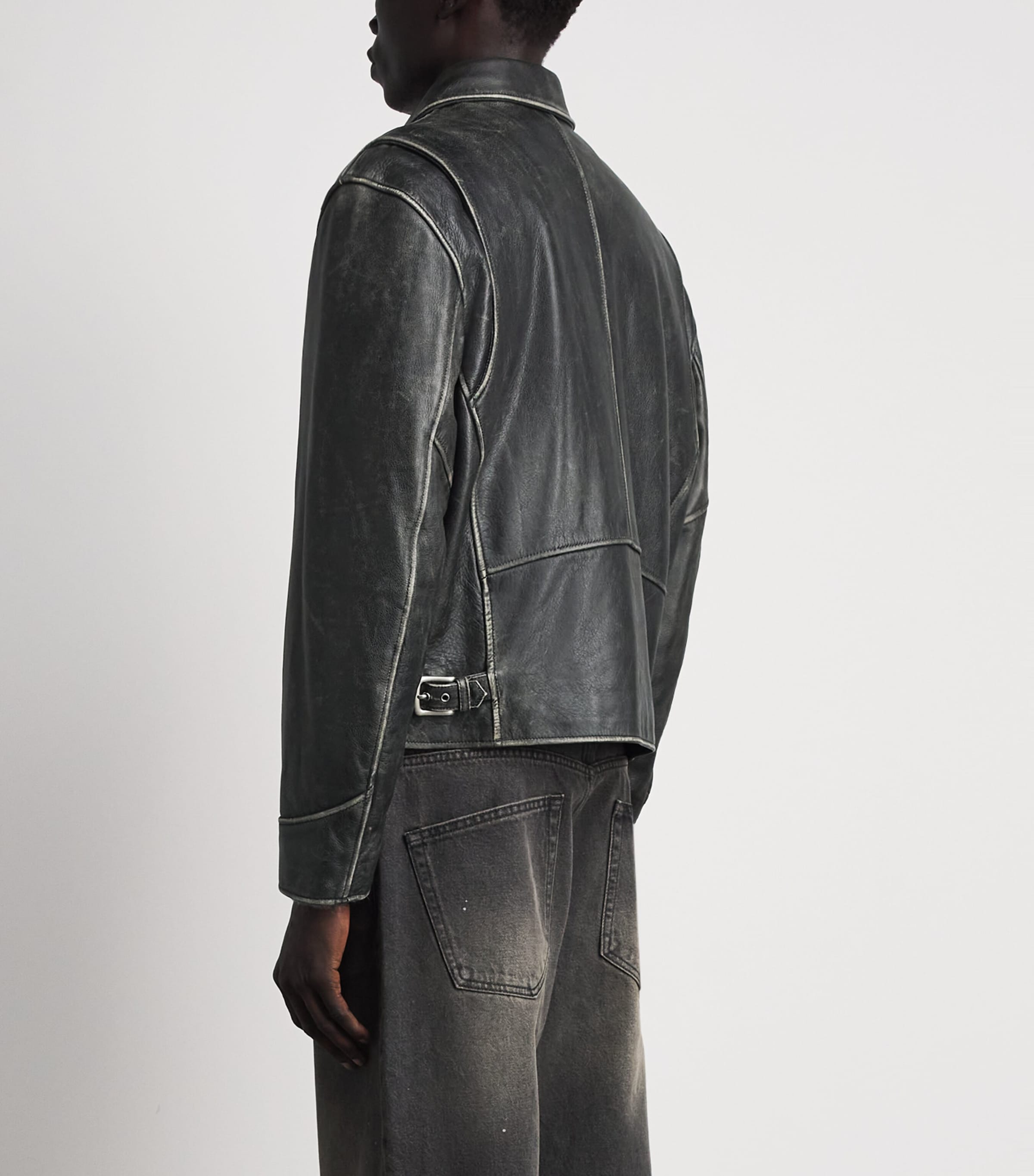 Coor Mens Washed-Leather Bomber Jacket Washed Black Image 5