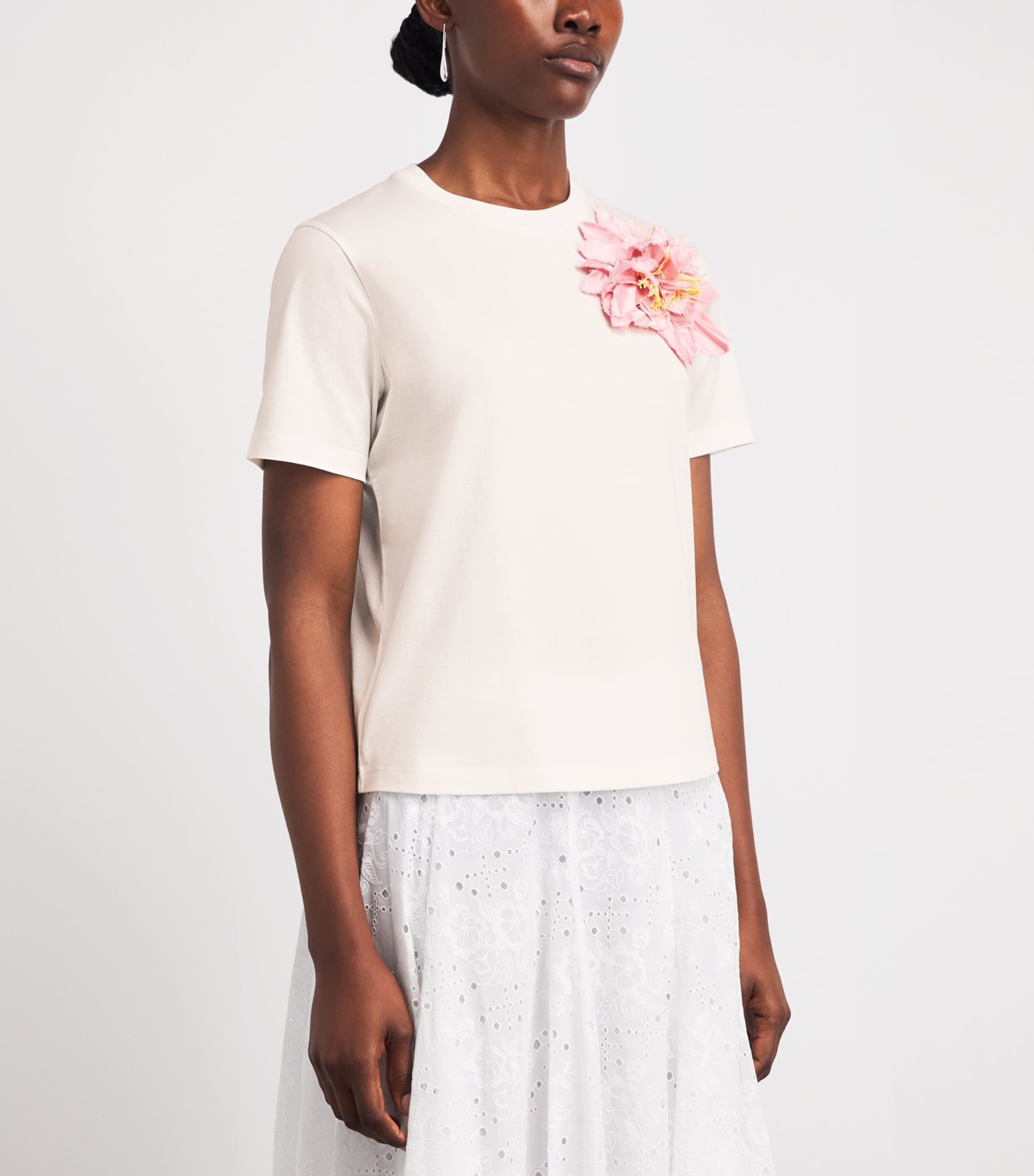 Tory Burch Womens Cotton Floral Appliqué T-Shirt Snw Wht/lght Pik Image 4