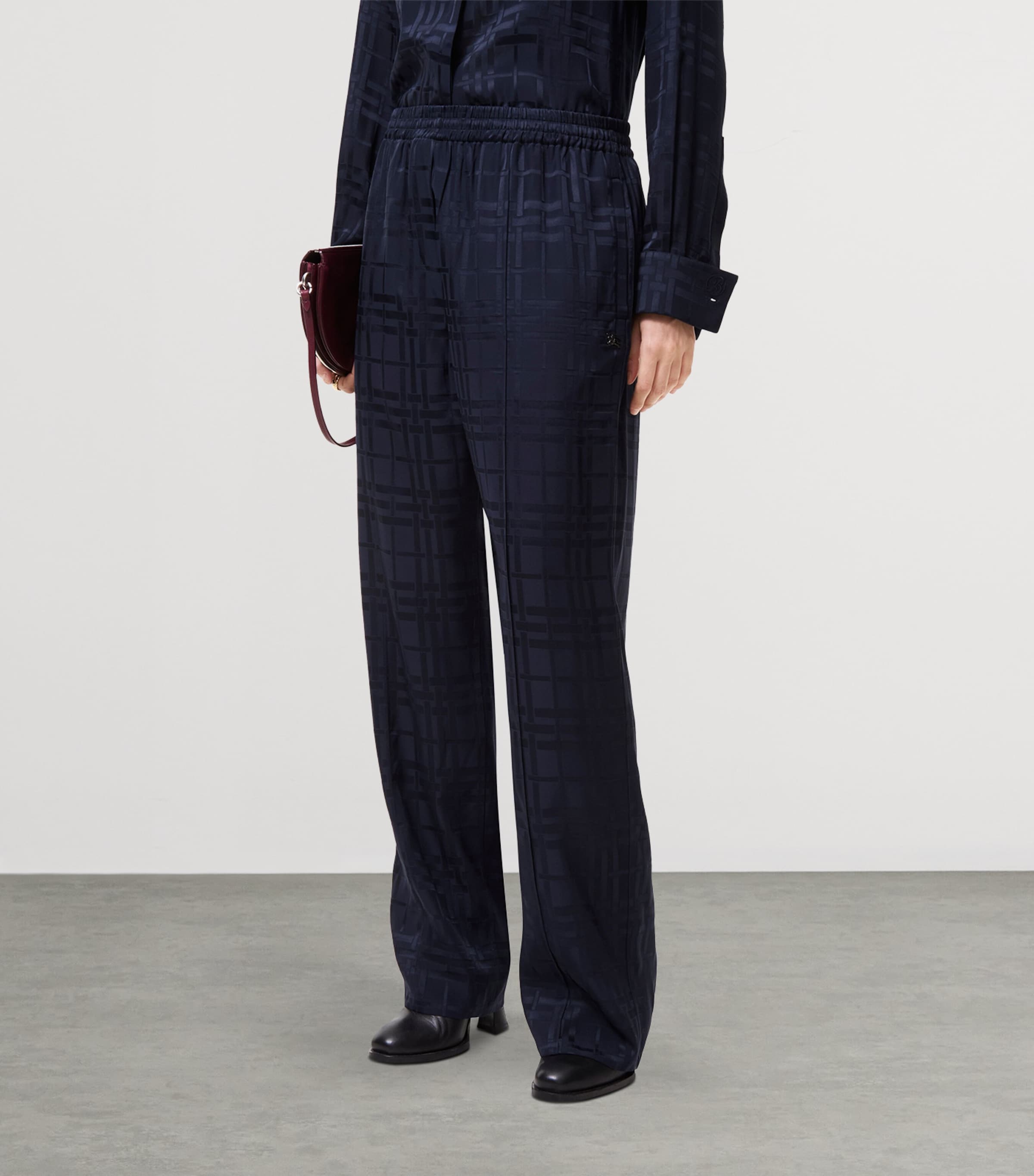 Burberry Womens Silk Check Straight-Leg Trousers Dark Ink Blue Ip Chk Image 2