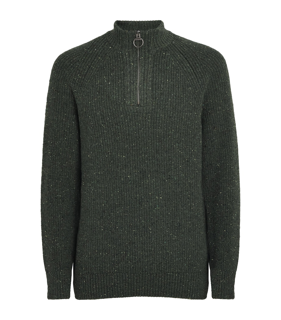 Barbour Mens Wool-Blend Essentials Fleck Quarter-Zip Sweater Olive Image 1