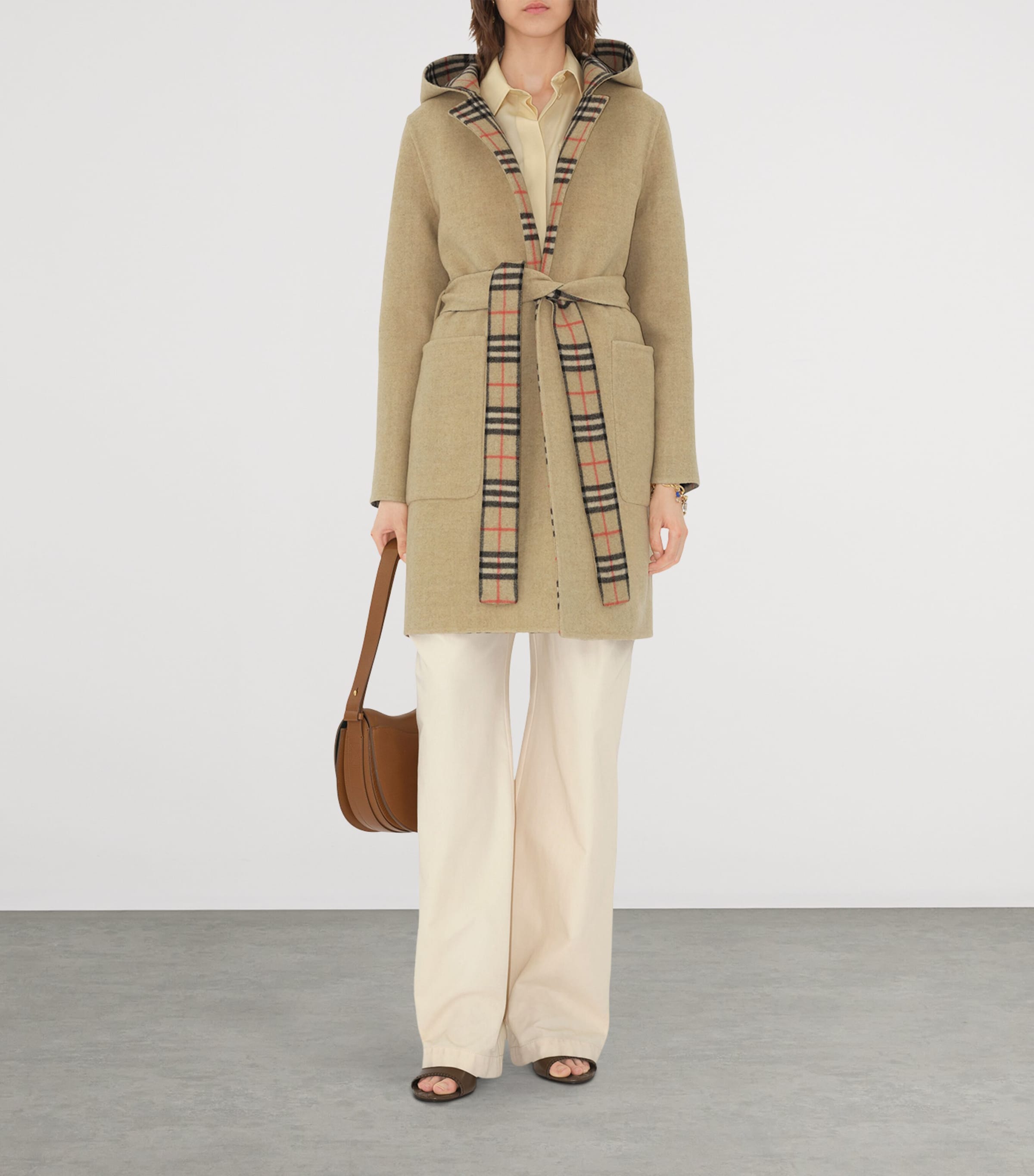 Wool  Reversible Hooded Wrap Coat SAND IP CHECK Image 2