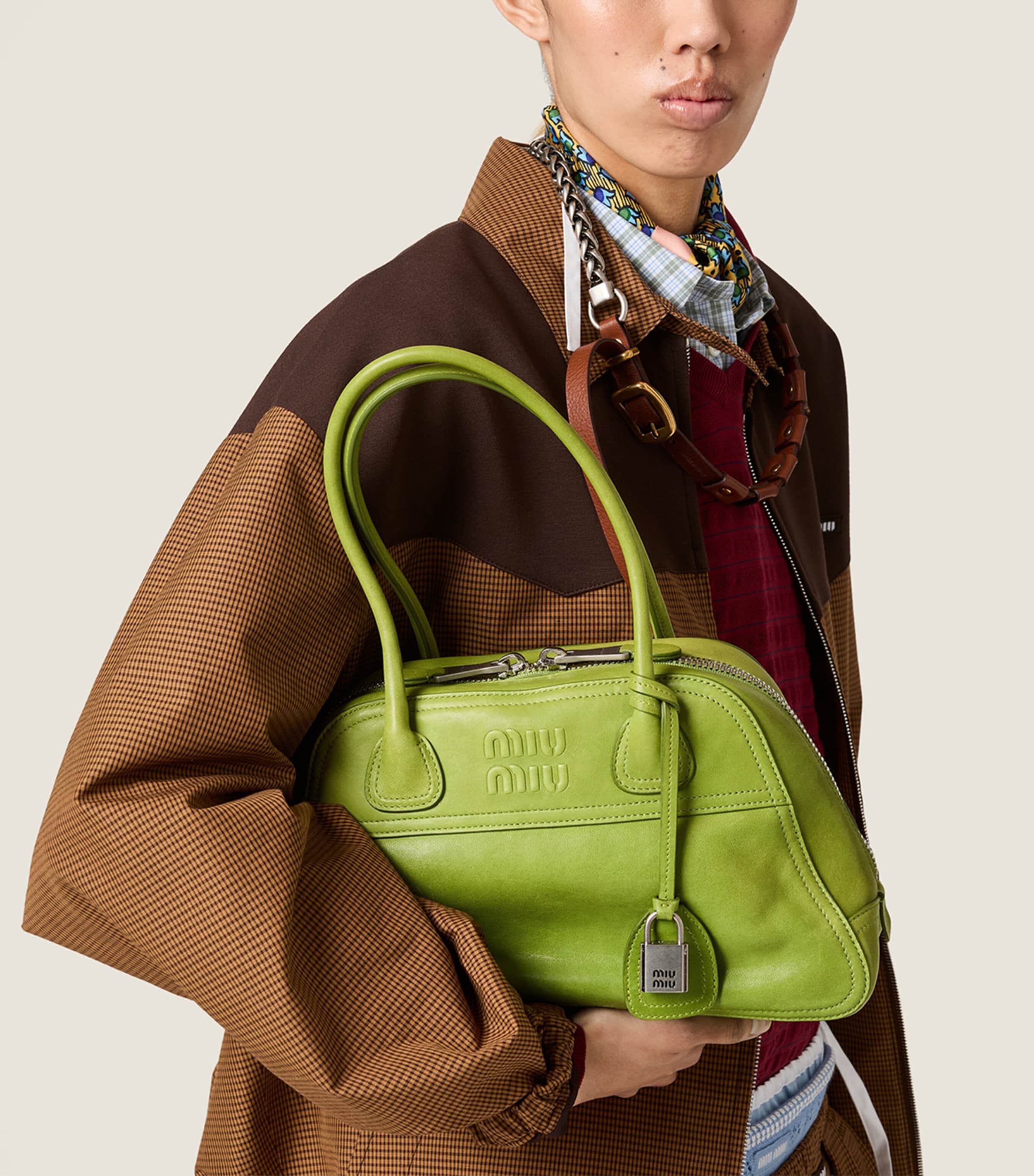 Miu Miu Large Nappa Leather Vivant Top-Handle Bag Green Image 2