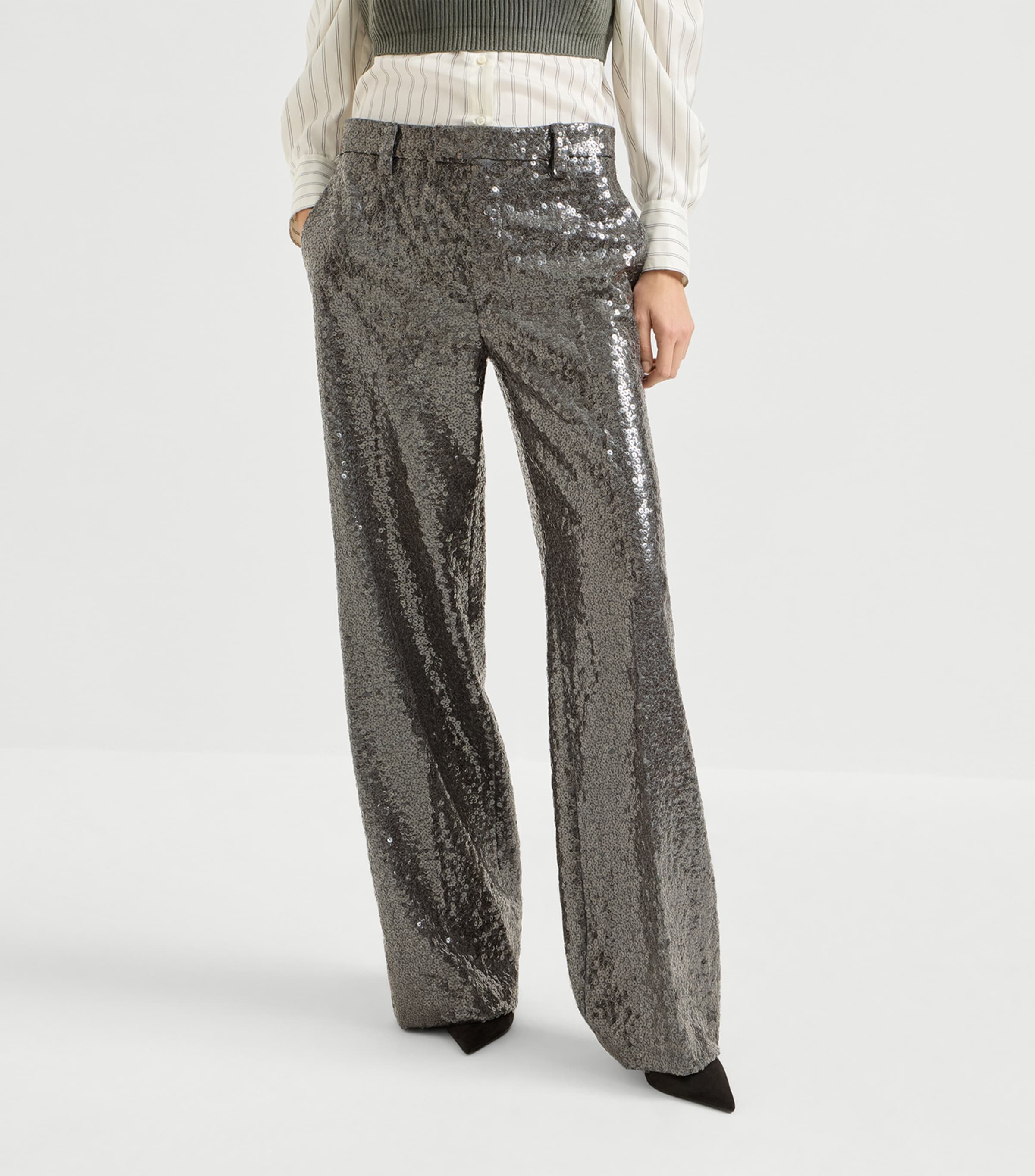 Brunello Cucinelli Womens Virgin Wool Sequin Wide-Leg Trousers Image 2