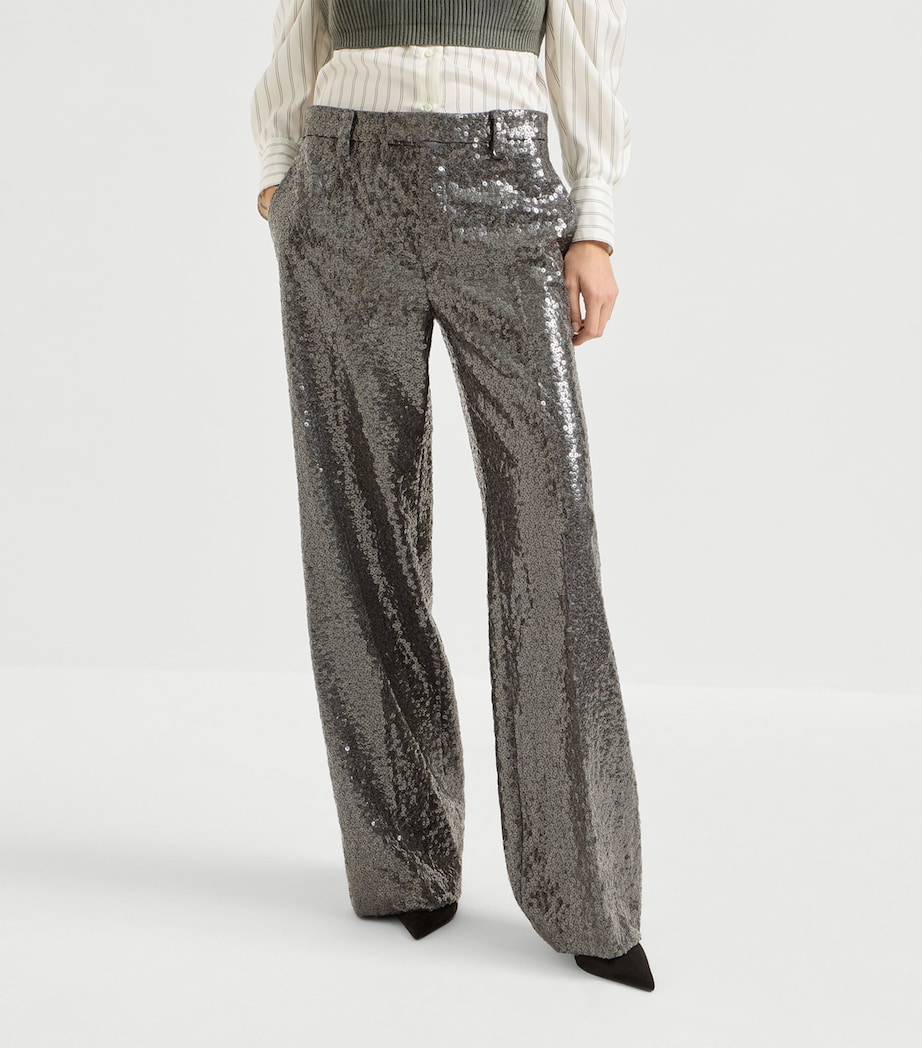 Brunello Cucinelli Womens Virgin Wool Sequin Wide-Leg Trousers Image 2