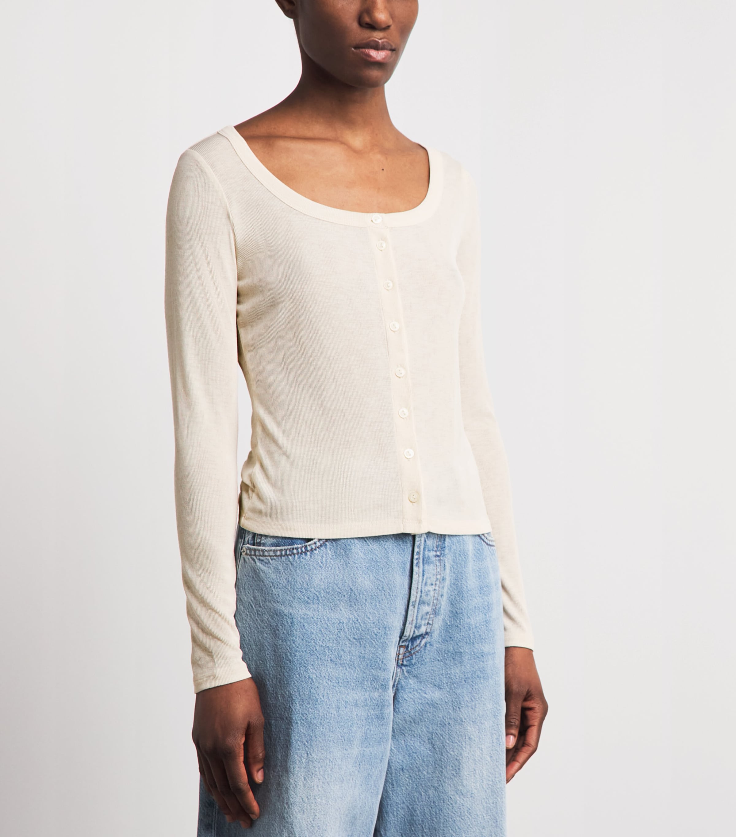 Veronica Beard Womens Rib-Knit Hyland Button-Up T-Shirt Ecru Image 4
