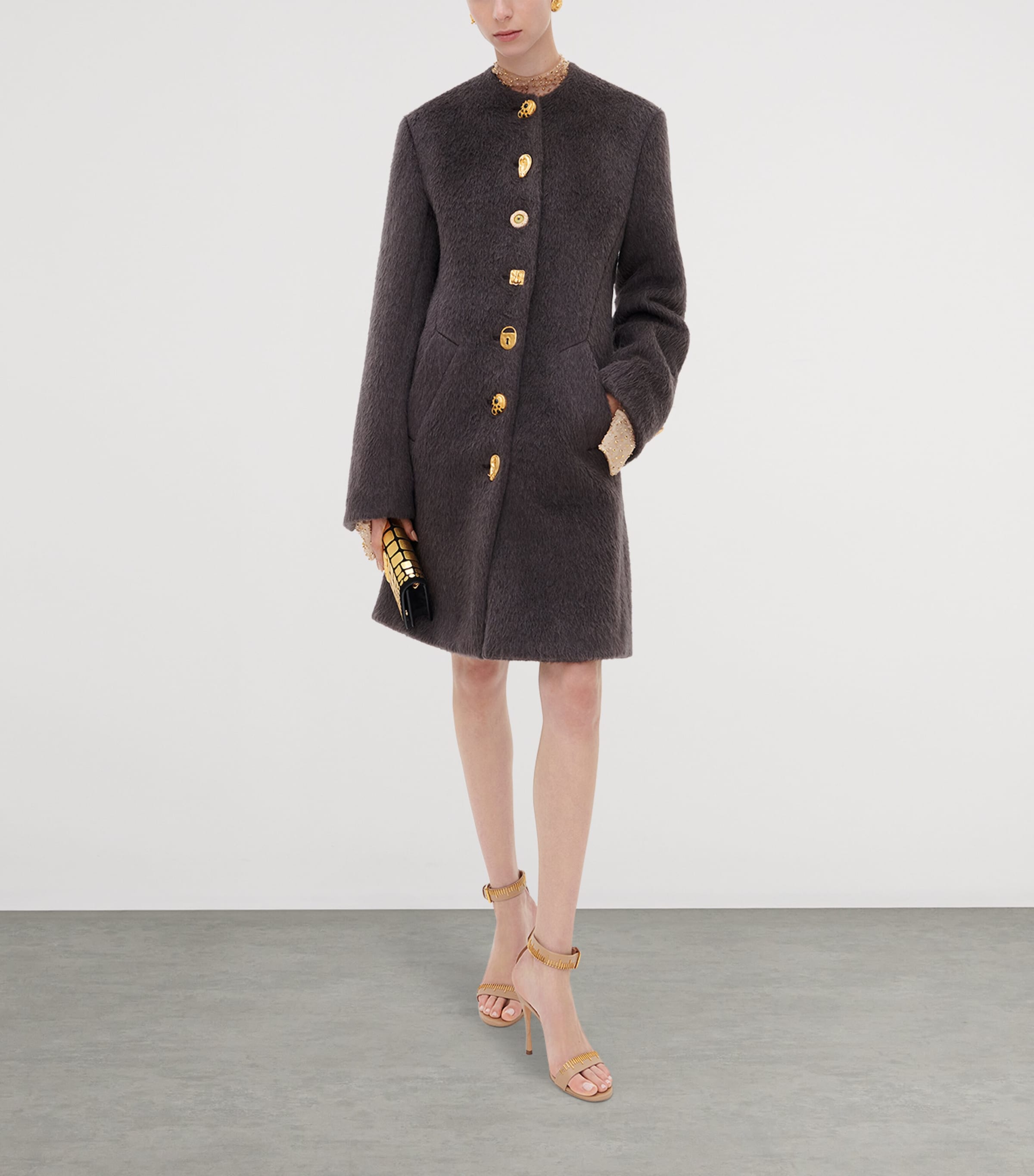 Schiaparelli Womens Virgin Wool-Baby Llama Car Coat Grey Image 2