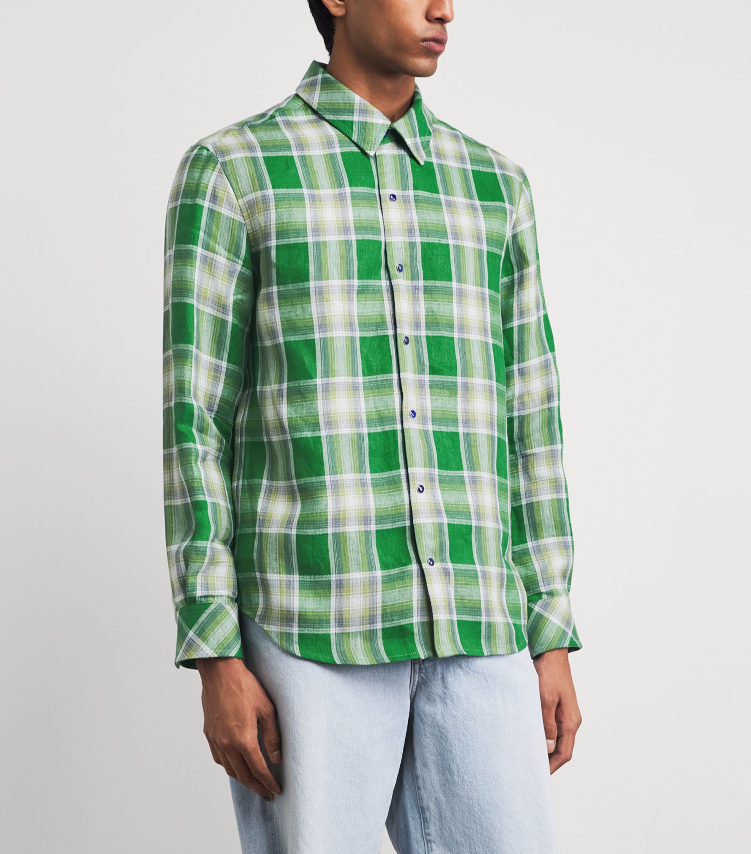 GOD'S TRUE CASHMERE Mens Linen Tartan Harbour Shirt Lapis Lazuli Image 4