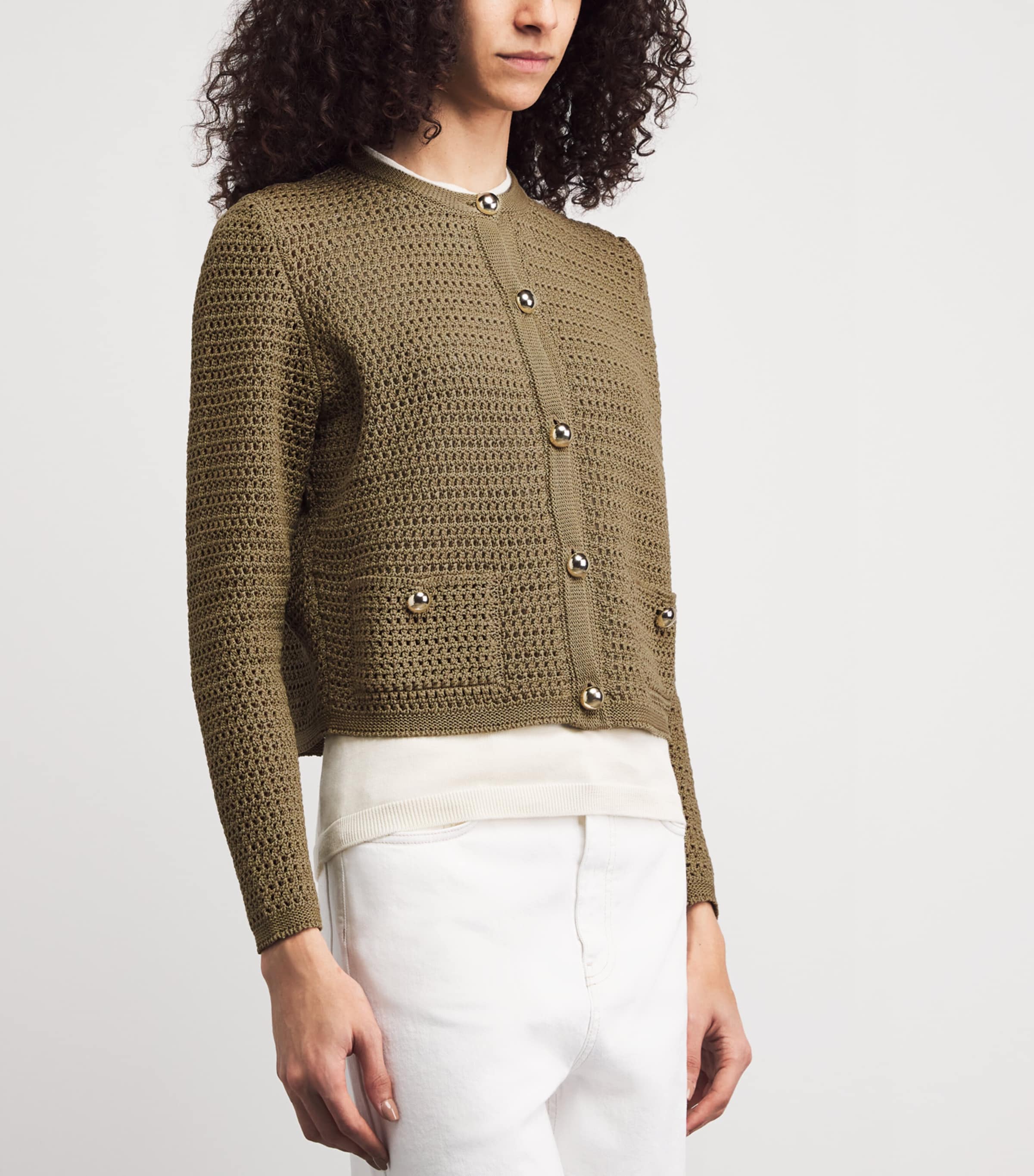 Fabiana Filippi Womens Cotton Open-Knit Cardigan Kaki Image 4