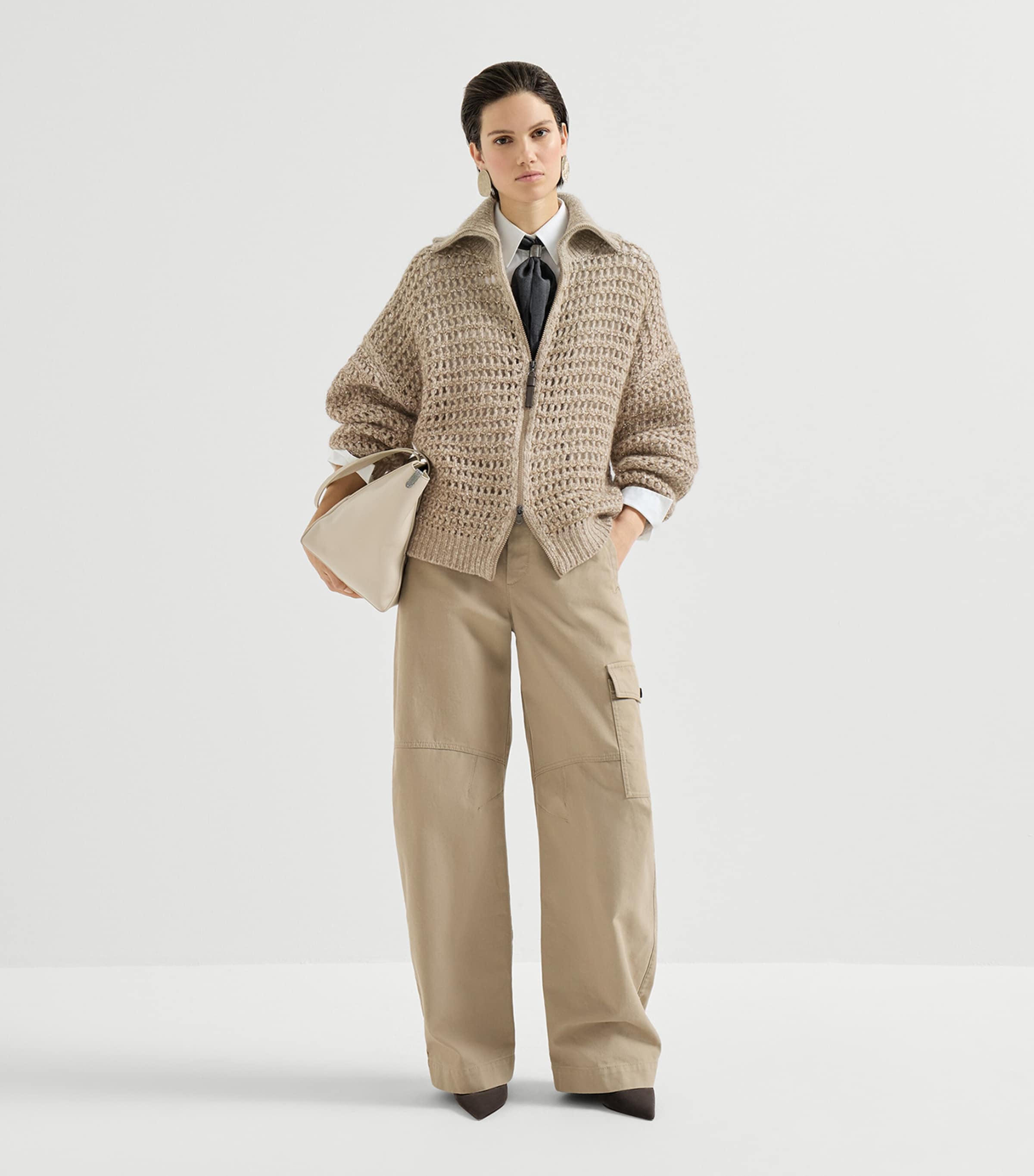 Brunello Cucinelli Womens Wool-Cashmere-Blend Embellished Cardigan Beige+brown Image 5