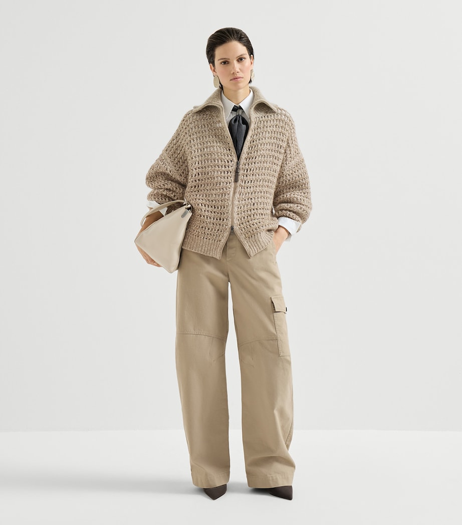 Brunello Cucinelli Womens Wool-Cashmere-Blend Embellished Cardigan Beige+brown Image 5