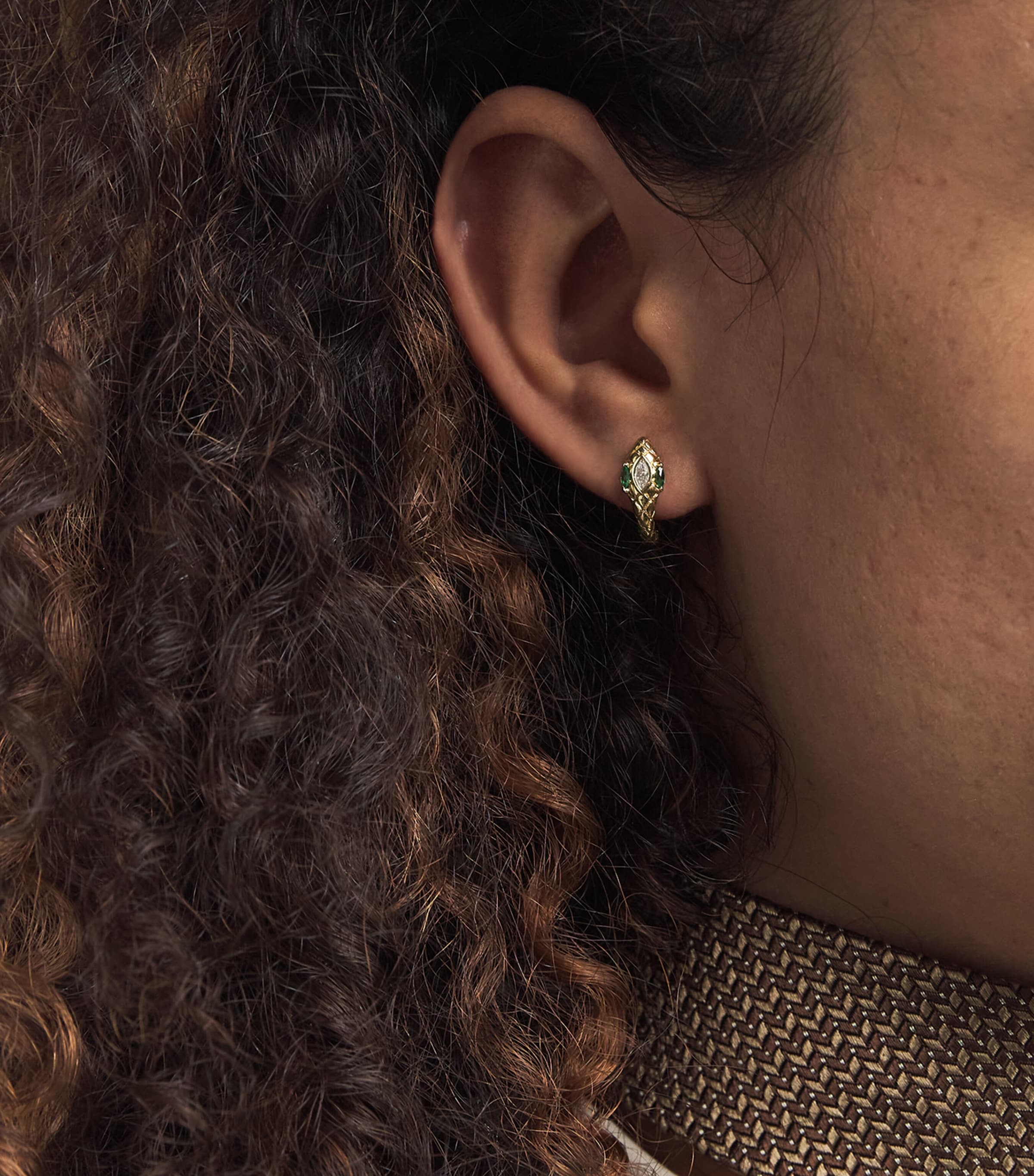 Yellow Gold, Diamond and Emerald Snake Single Huggie Earring YELLOW GOLD Image 2