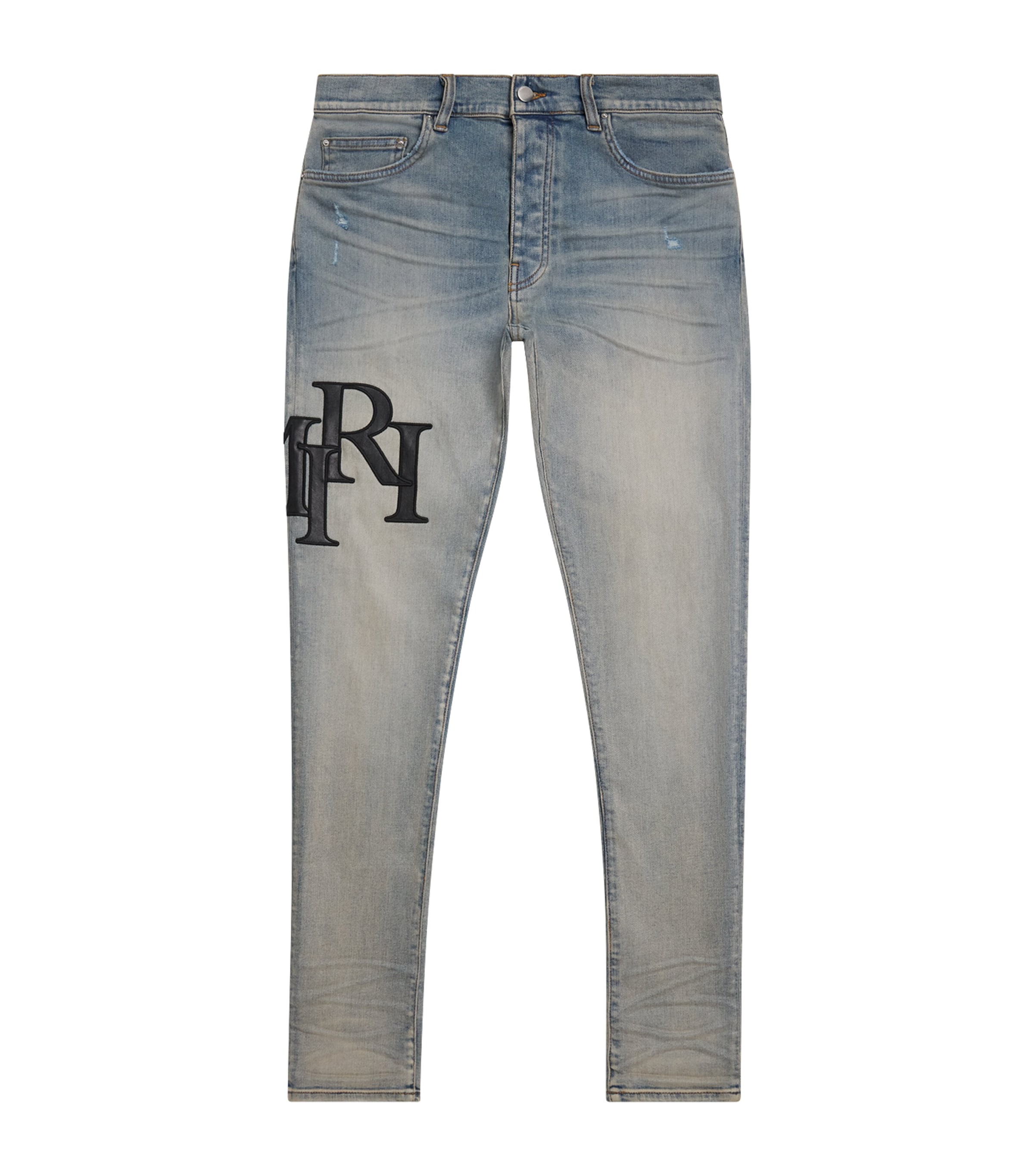 AMIRI Mens Staggered Logo Skinny Jeans Antique Indigo Black Image 1