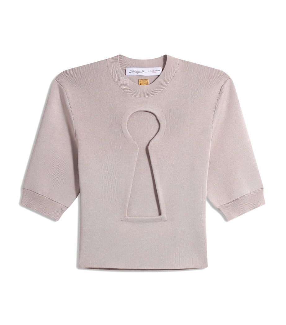 Schiaparelli Womens Knitted Keyhole Cropped T-Shirt Khaki Image 1