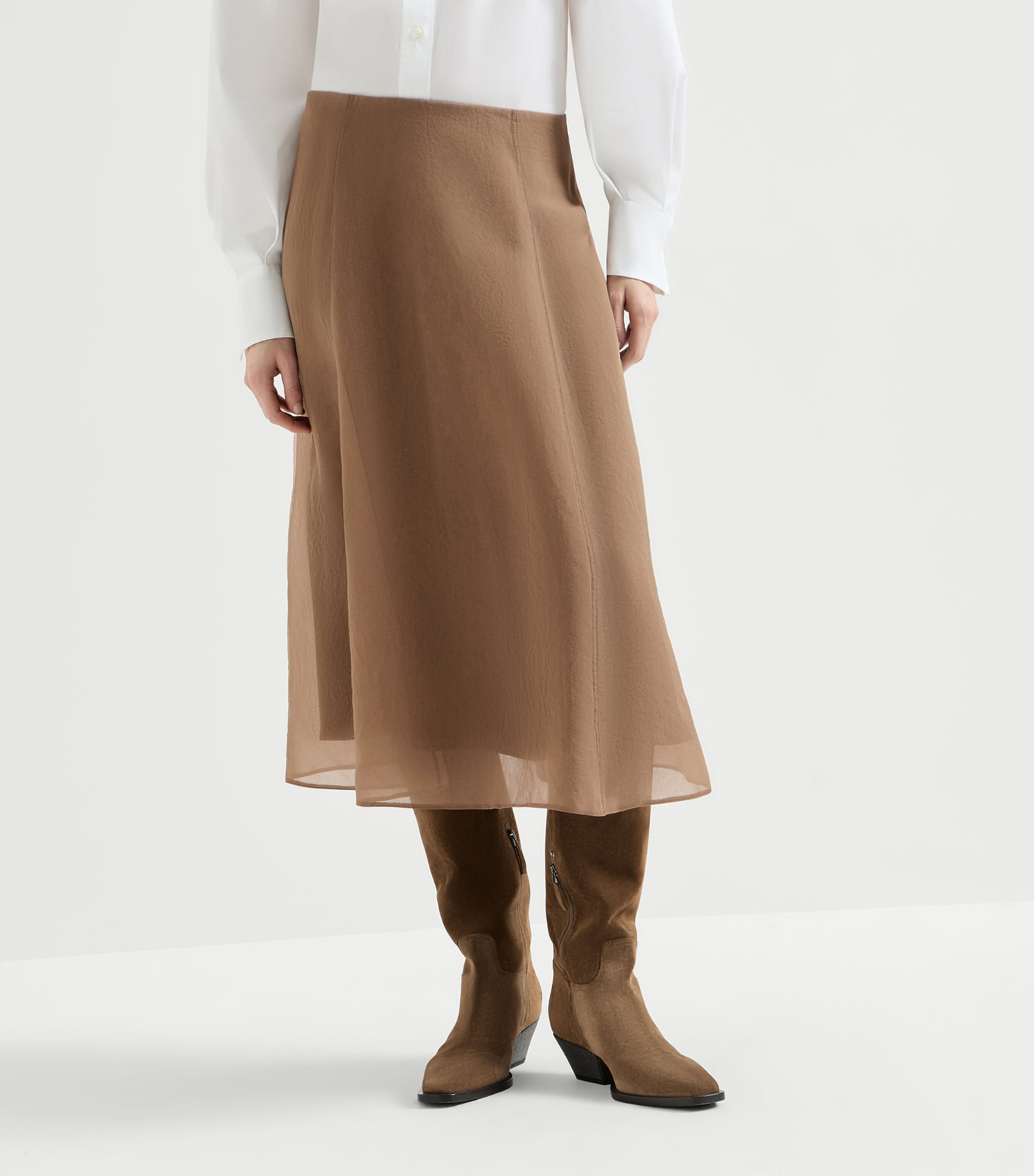 Brunello Cucinelli Brown Silk Midi Skirt | Harrods US