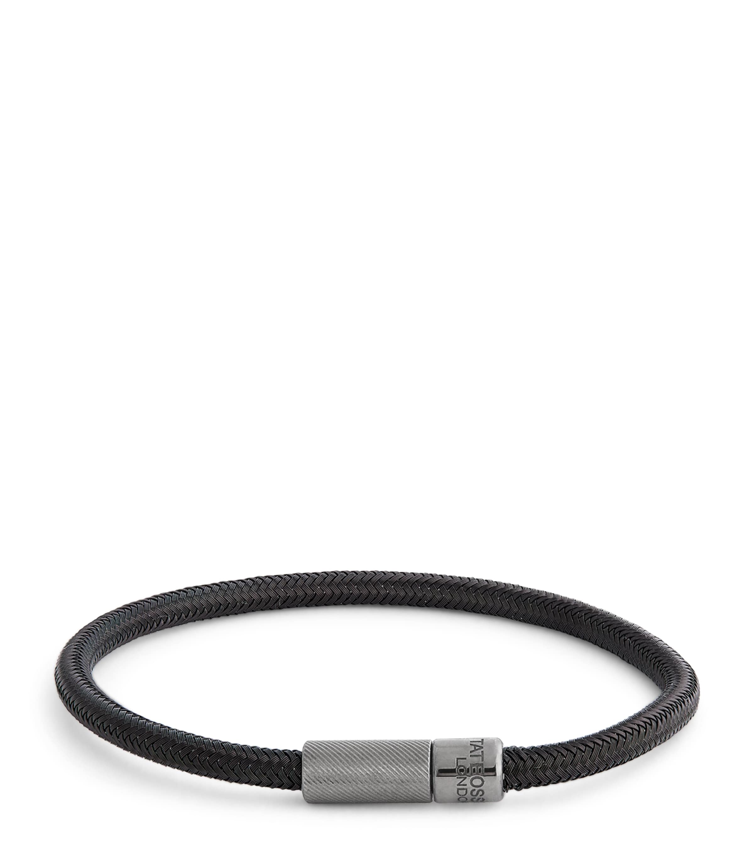 Tateossian Mens Leather Single-Wrap Braided Bracelet Black Image 1