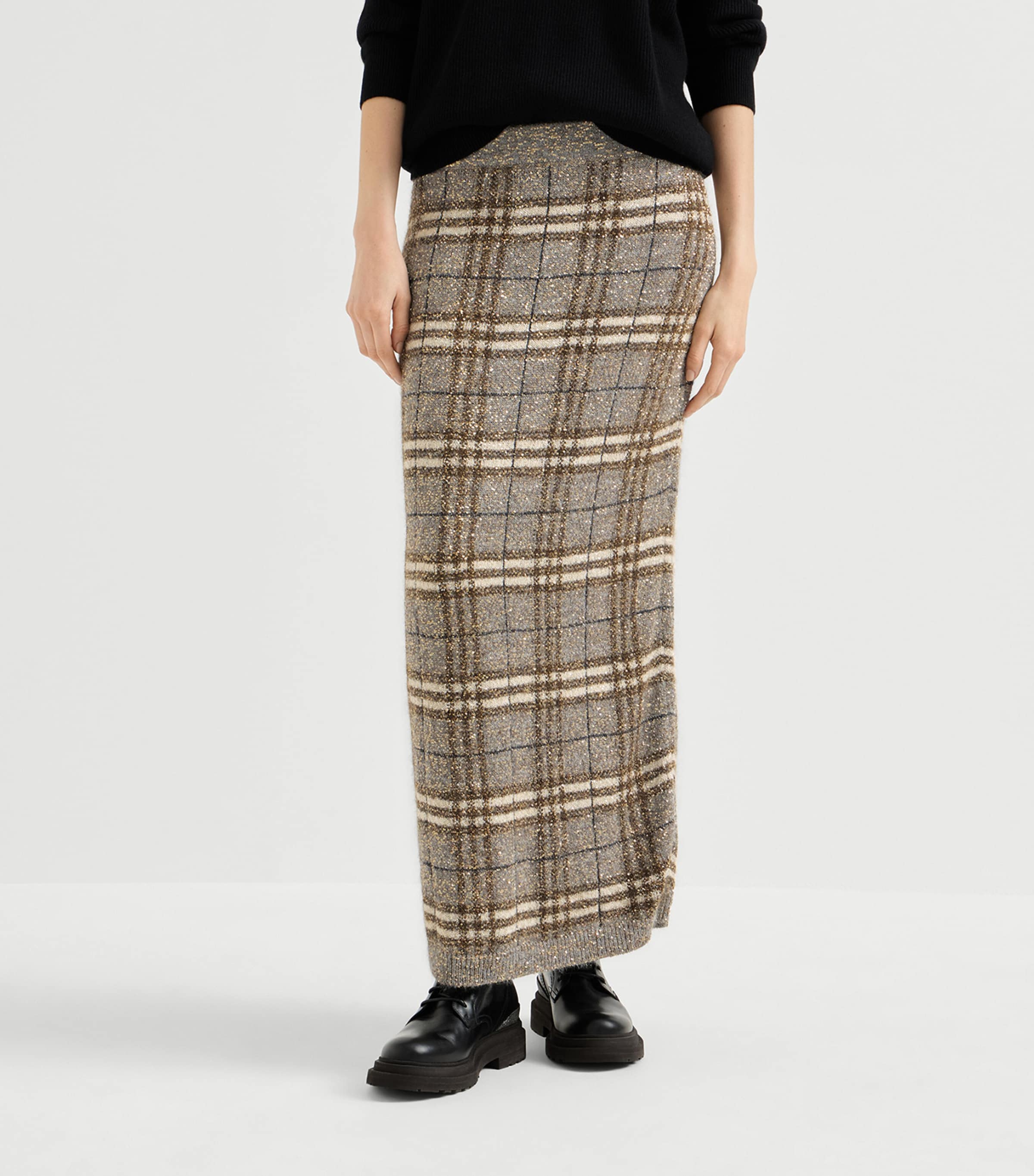 Brunello Cucinelli Womens Check Sparkling Skirt Grey+brown Image 2