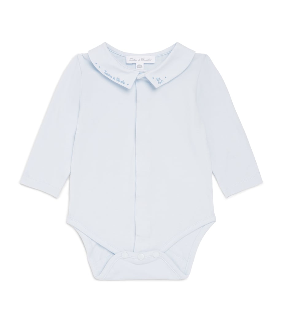Tartine et Chocolat Stretch-Cotton Embroidered Bodysuit (0-24 Months) Bleu Ciel Image 1