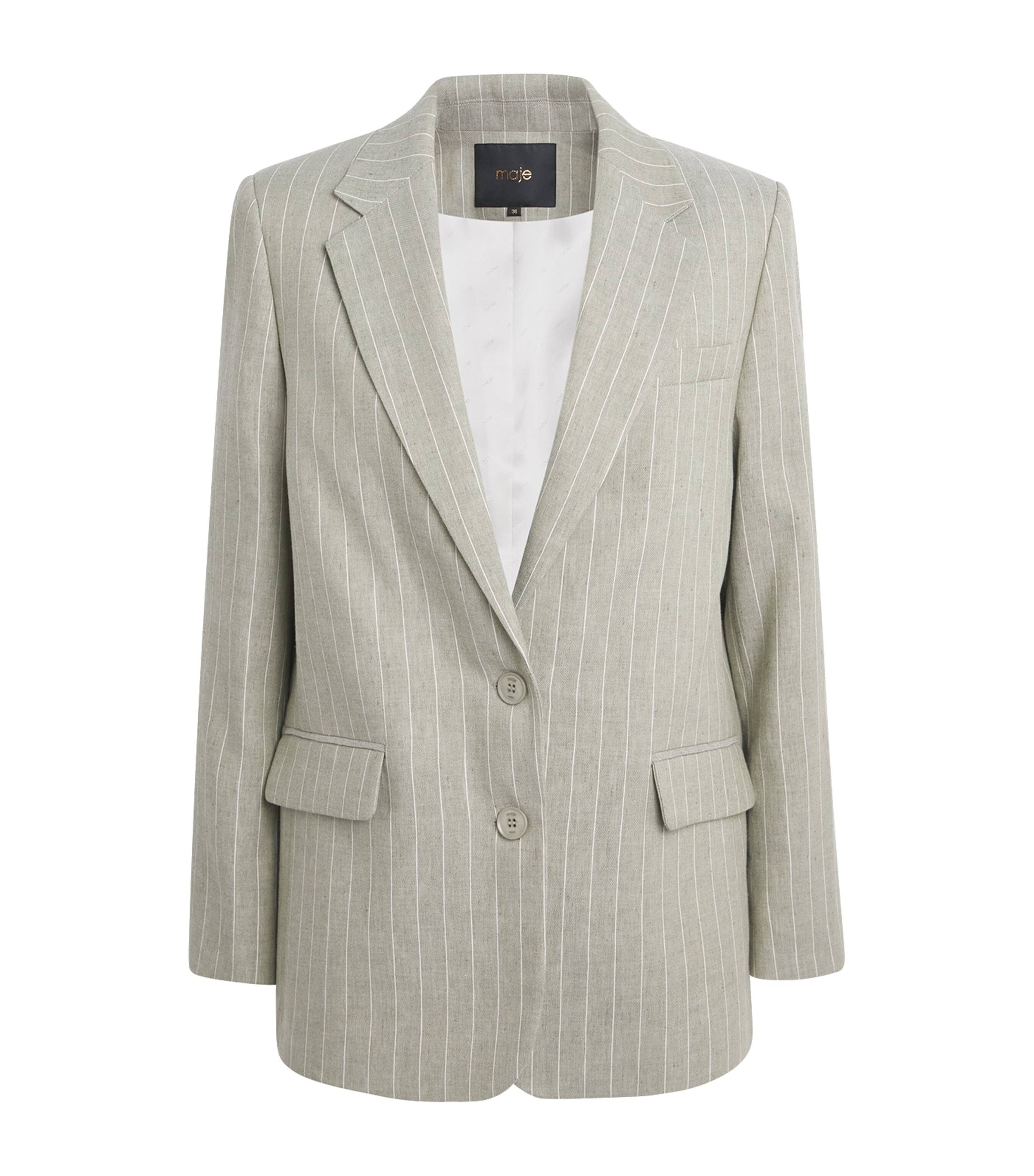Maje Womens Linen-Blend Pinstripe Blazer Khaki Image 1