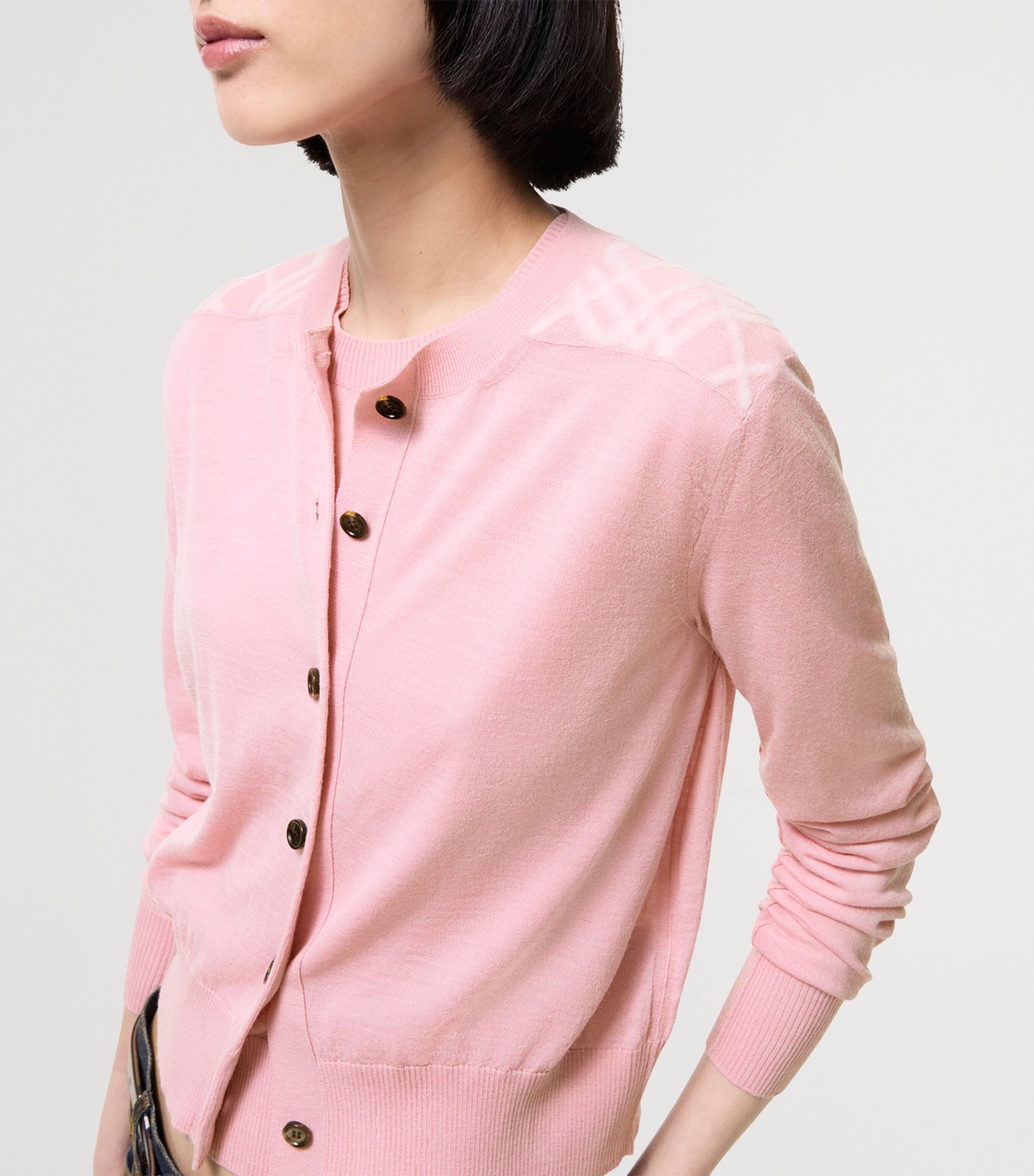 Burberry Womens Wool-Silk Check Panel Cardigan Begonia Pink Image 3