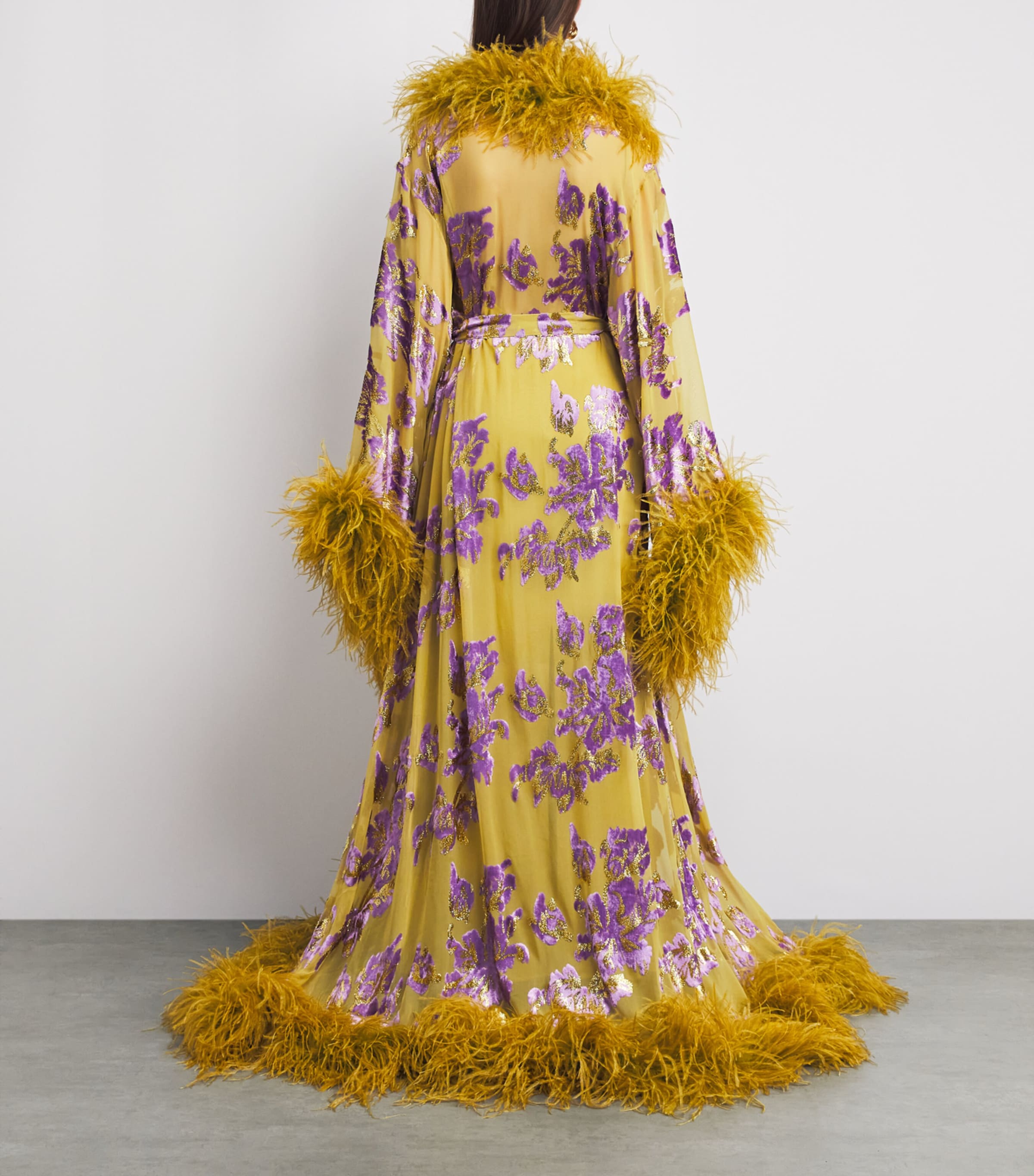 Taller Marmo Womens Silk-Blend Feathered Melendo Robe Lavander Gold Kiwi Image 4