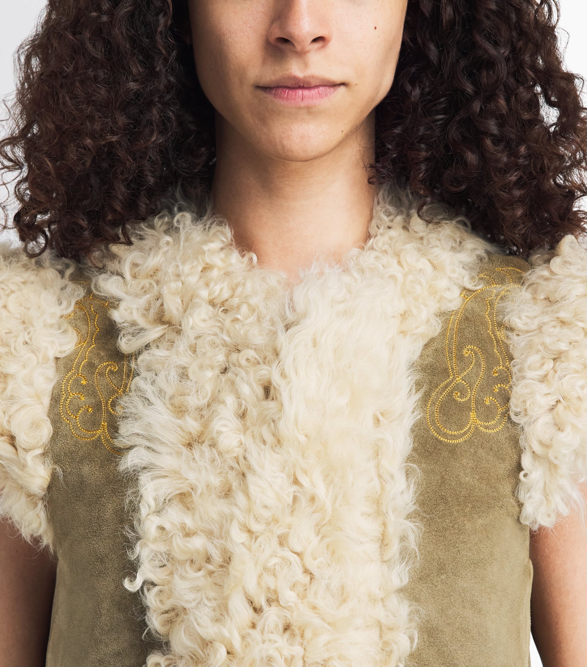 Etro Womens Shearling Embroidered Gilet Marrone Image 3
