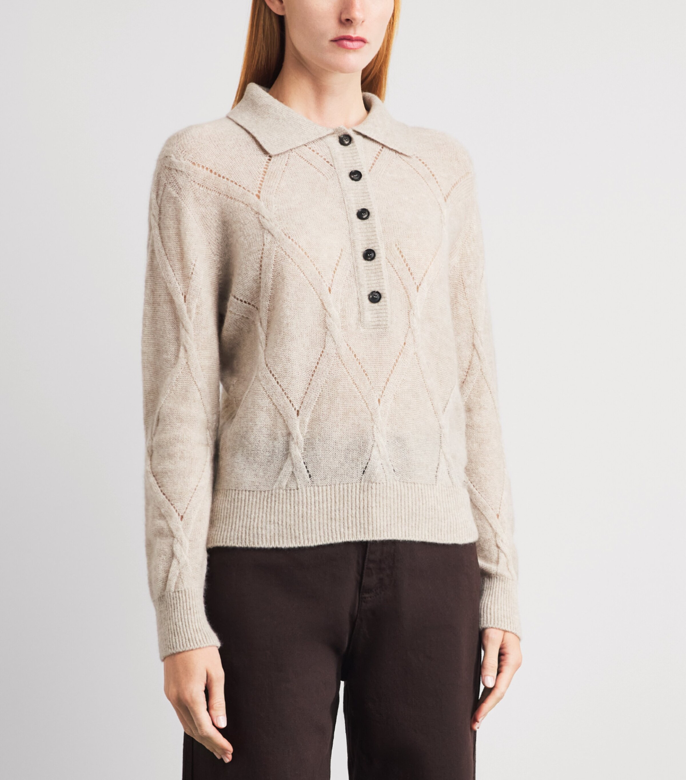 Kiton Womens Cashmere-Silk Pointelle-Knit Polo Shirt Beige Image 4