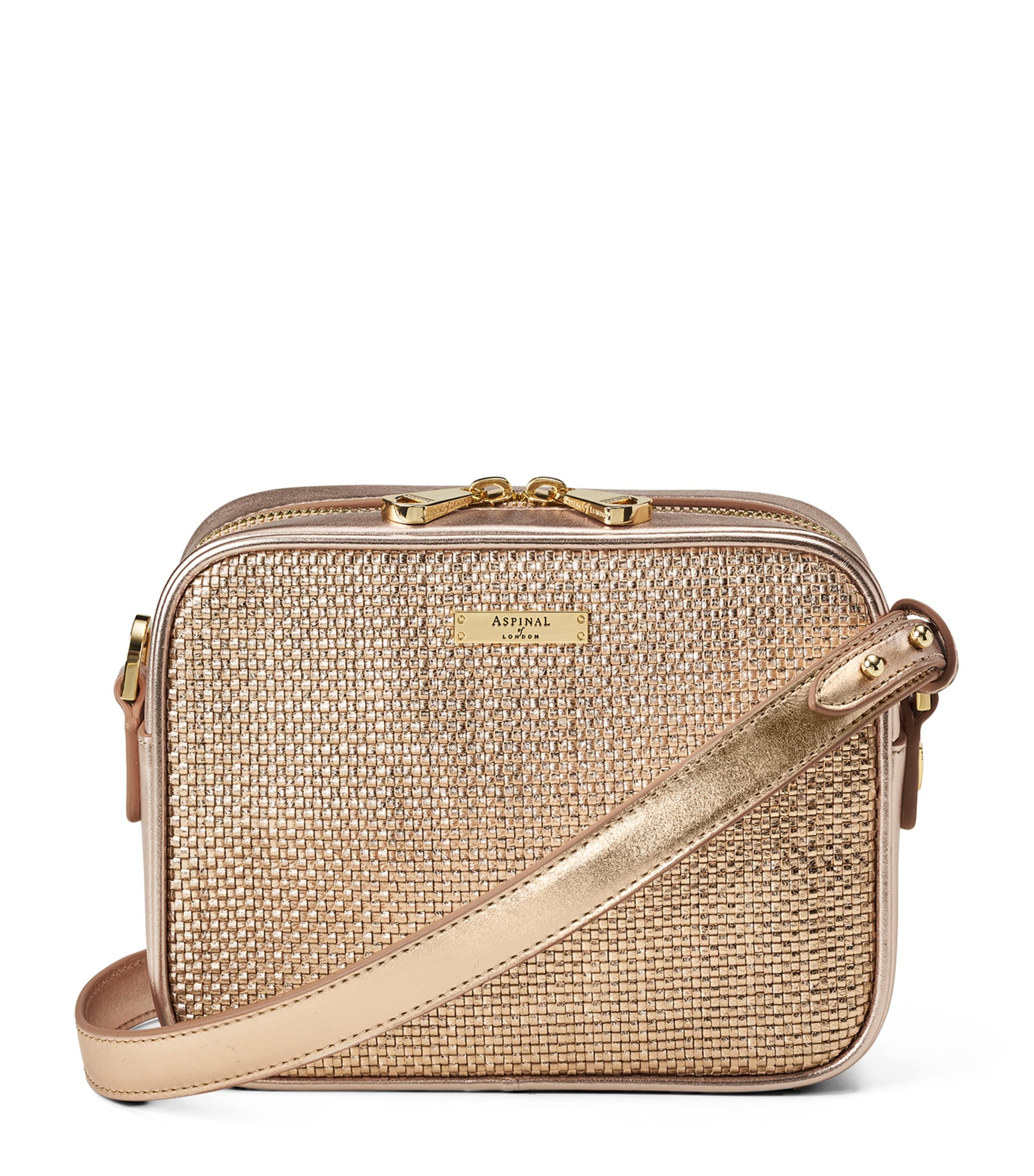 Shop Aspinal Of London Leather Woven Camera Bag In Gold