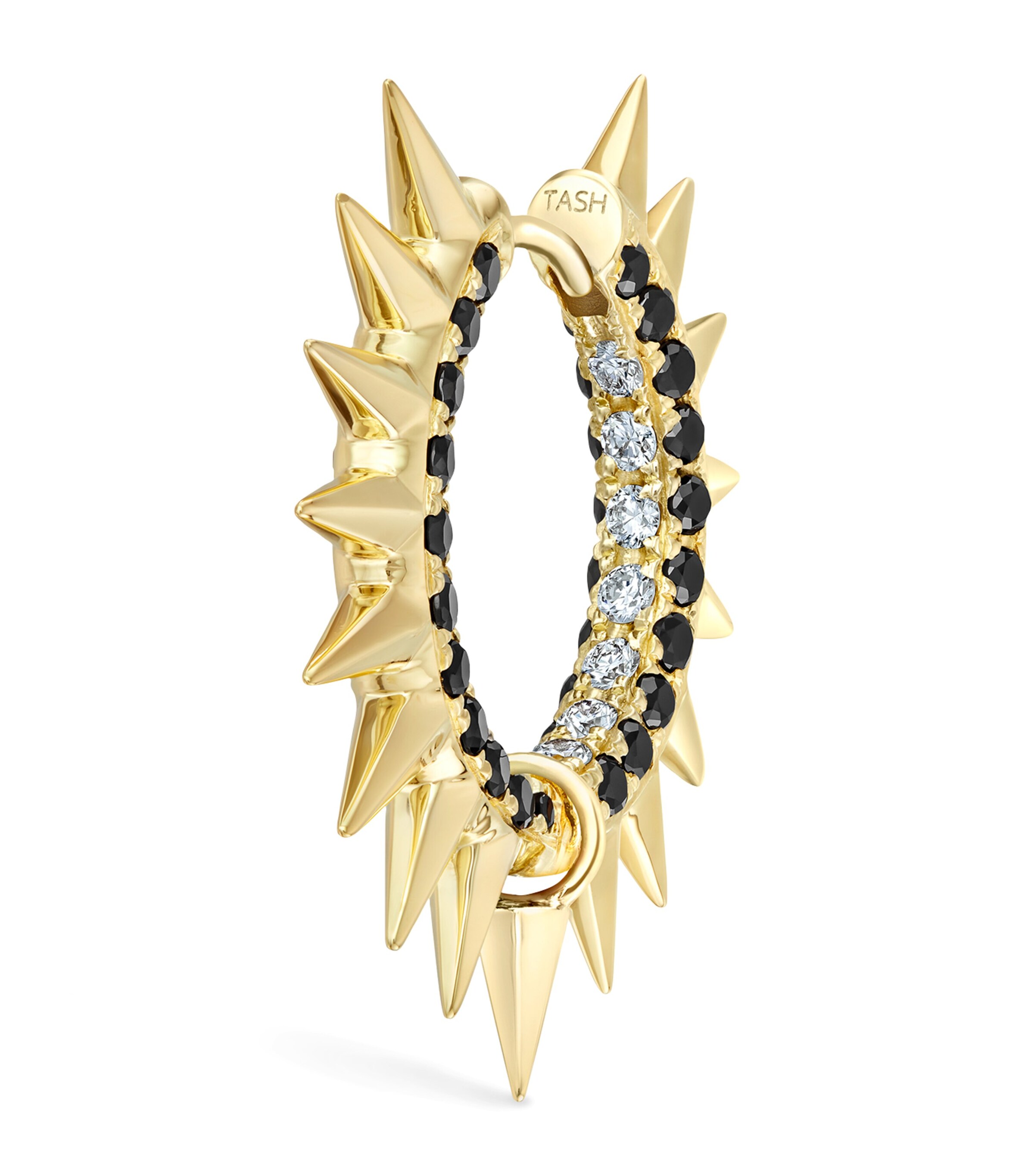 MARIA TASH YELLOW GOLD BLACK AND WHITE DIAMOND PAVÉ METAL MOHAWK HOOP EARRING