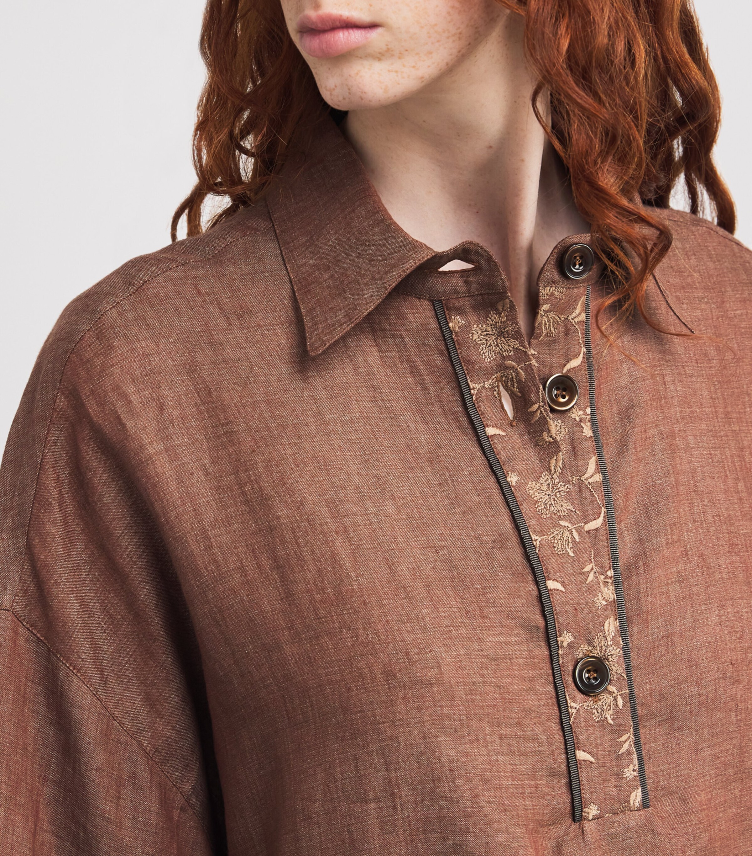 Eleventy Womens x Harrods Linen Embroidered Collared Shirt Vicuna Image 6