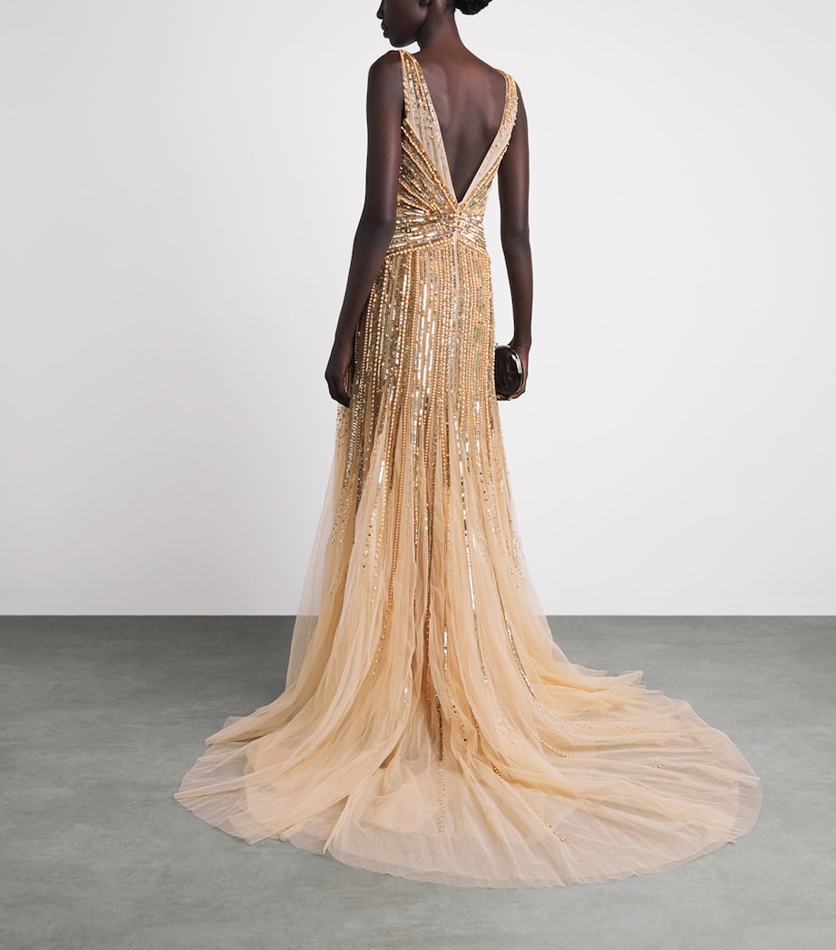 Pamella Roland Womens Tulle Embellished V-Neck Gown Antique Gold Image 4
