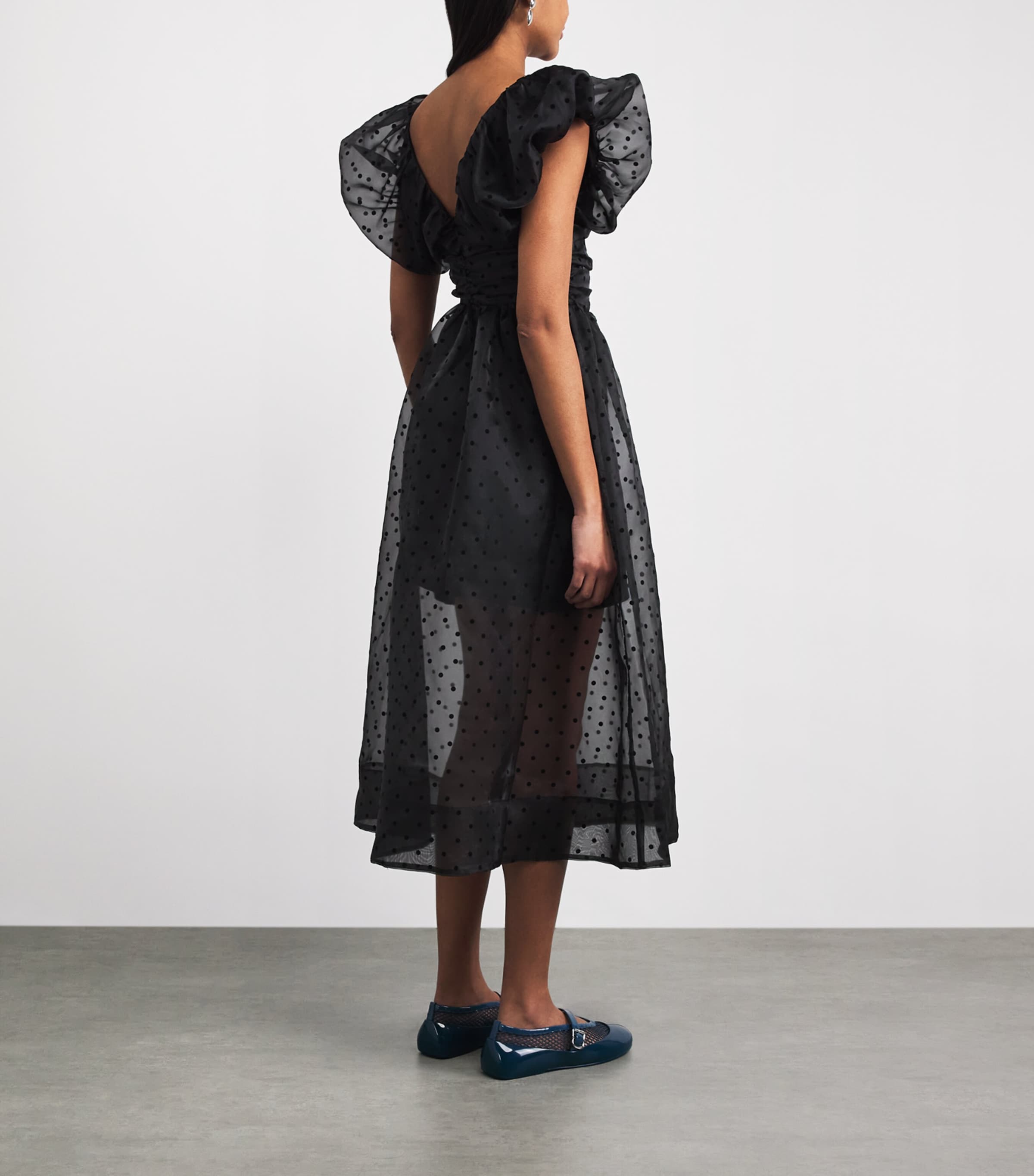 GANNI Womens Organza Polka Dot Midi Dress Black Image 4