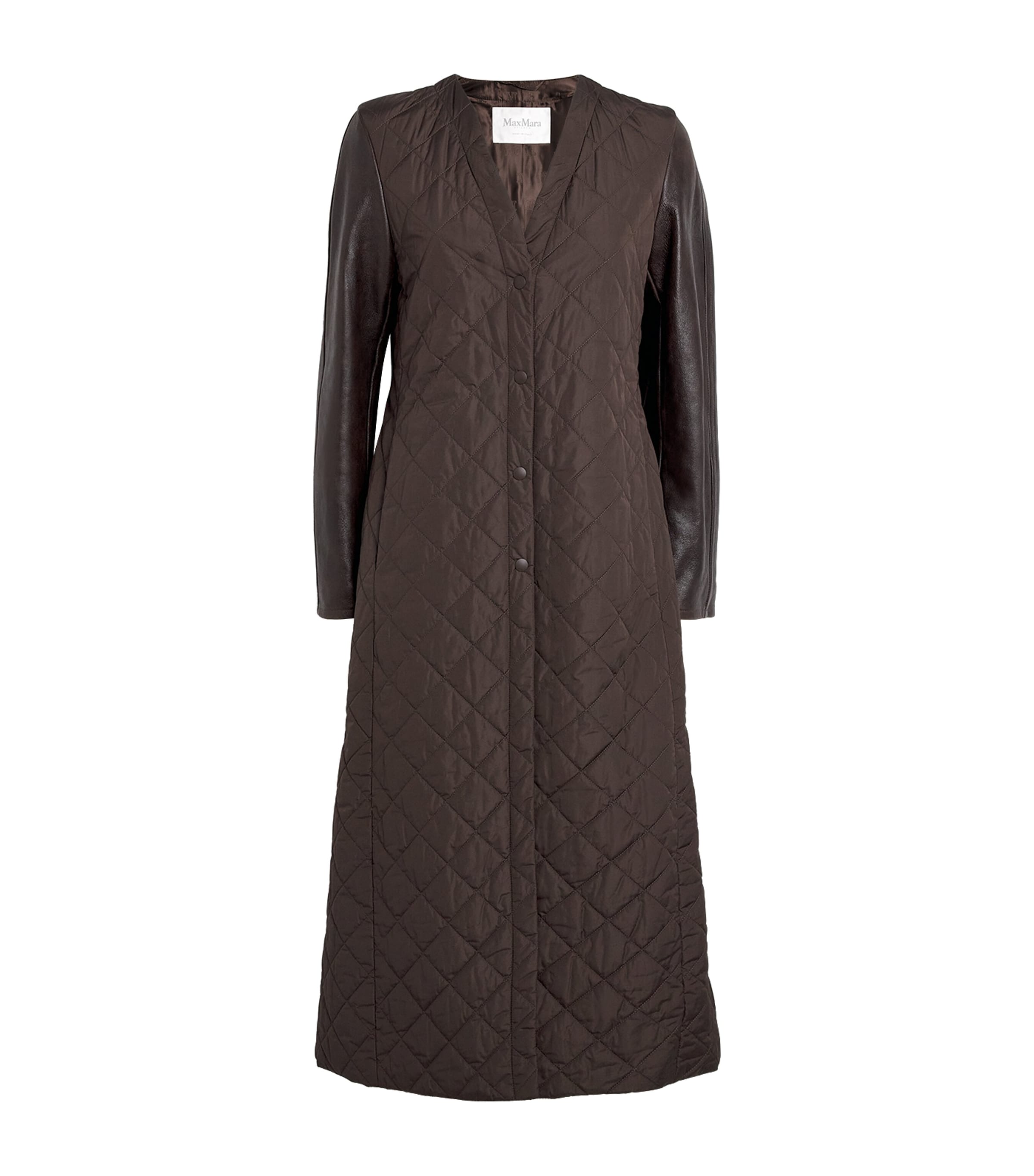 Max Mara Leather-sleeve Quilted Coat In Brown
