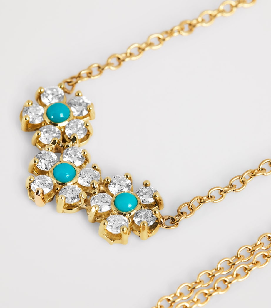 Mini Yellow Gold, Diamond and Turquoise Flower Necklace YELLOW GOLD Image 4