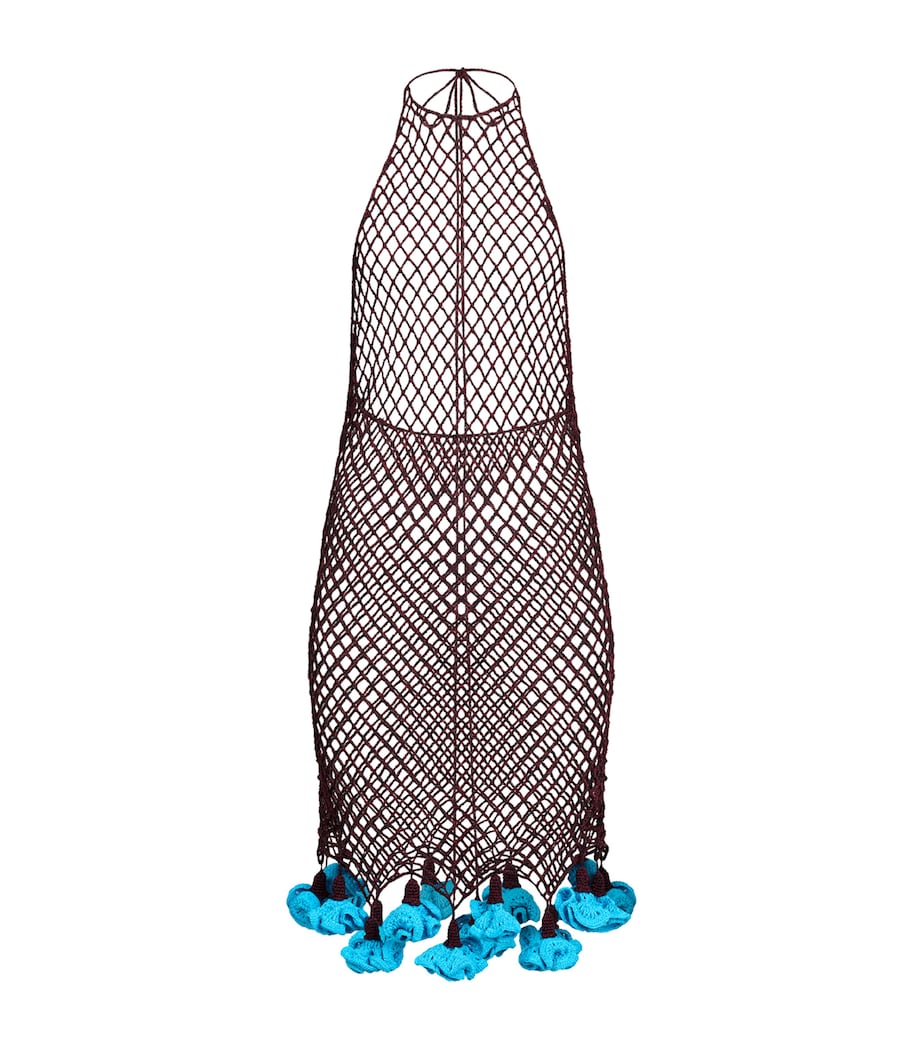 Alaïa Womens Net Floral Crochet Halterneck Mini Dress Burgundy/blue Image 1