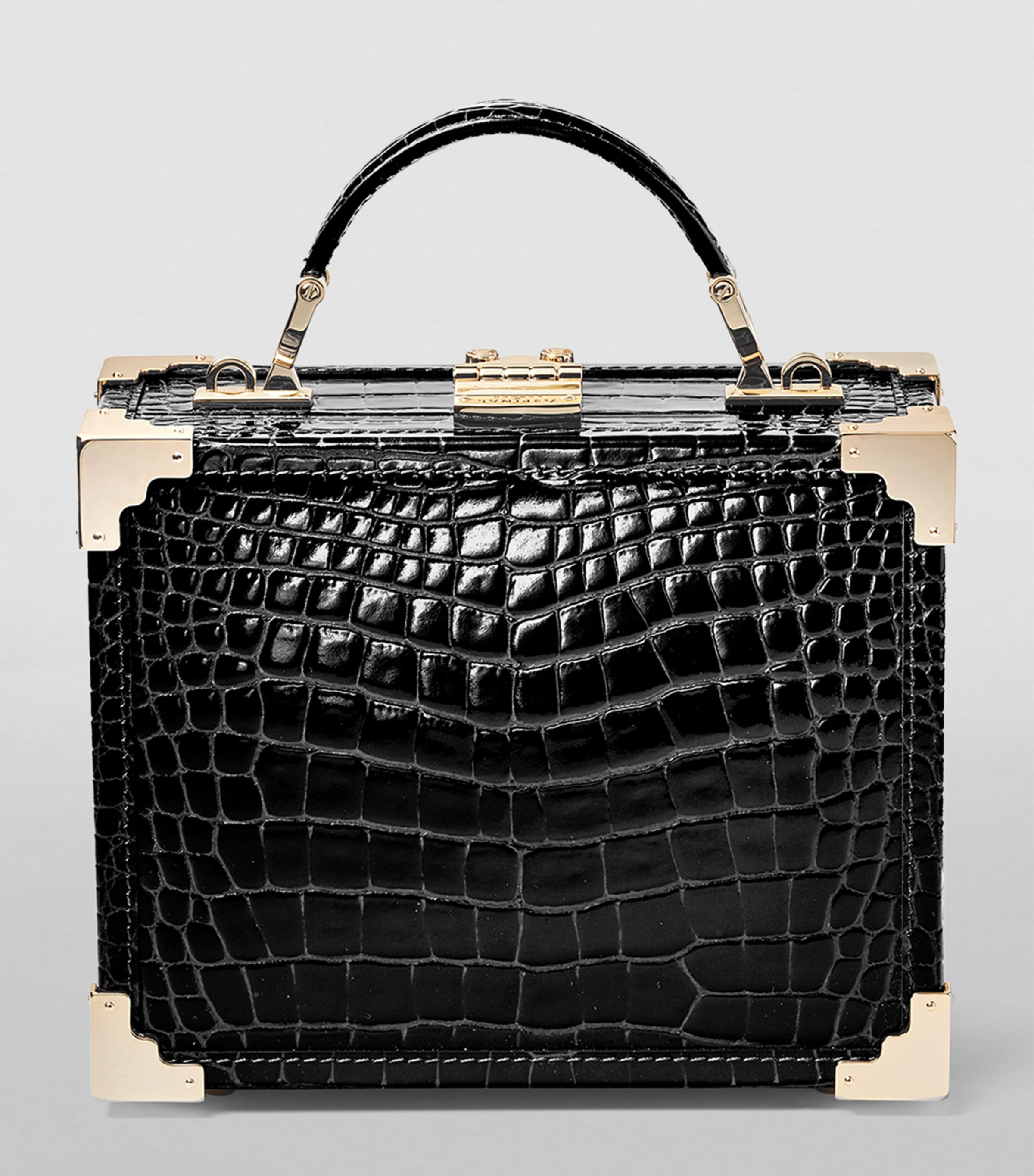 Croc-Embossed Leather Trunk Top-Handle Bag BLACK Image 8