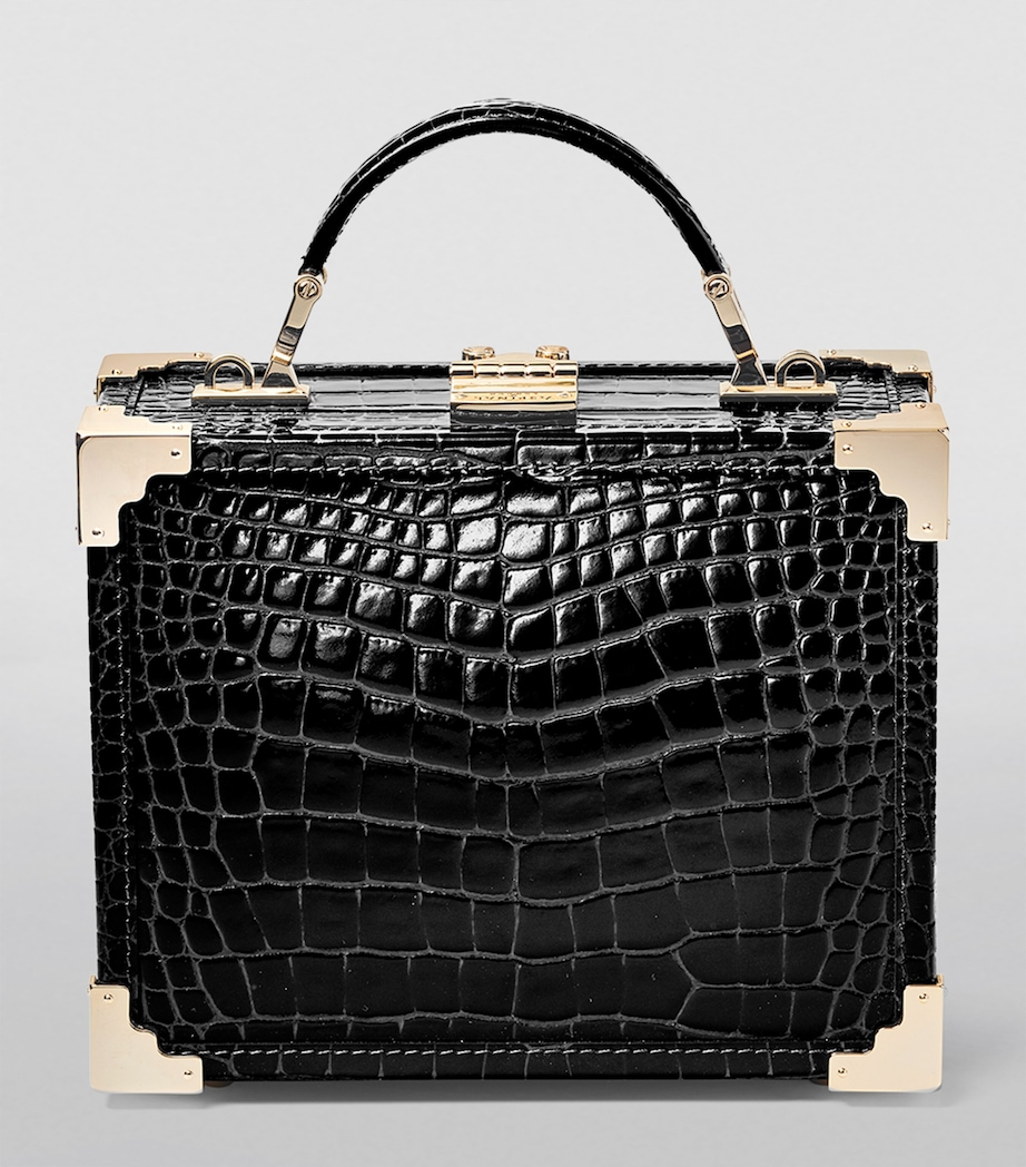 Croc-Embossed Leather Trunk Top-Handle Bag BLACK Image 8