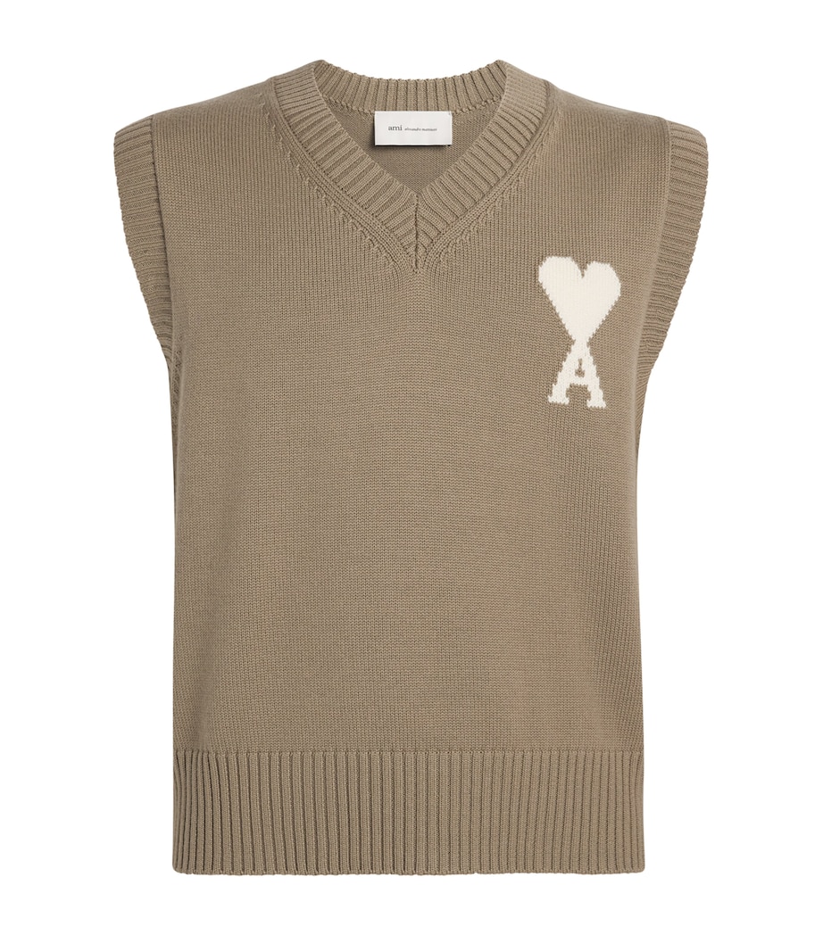 AMI Paris Mens Wool-Cotton Ami de Coeur Sweater Vest Bge Taupe/ecru Image 1