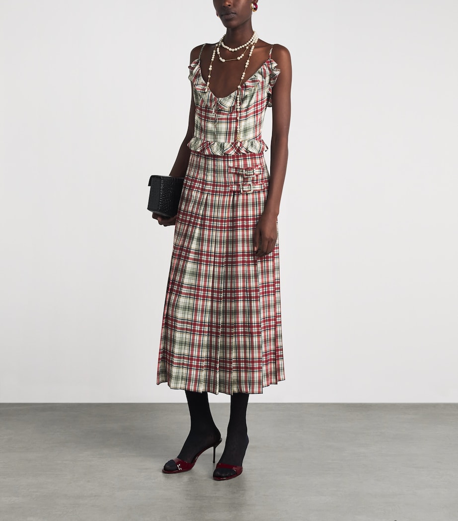 Alessandra Rich Womens Silk Check Ruffled Midi Dress Green Red Image 2