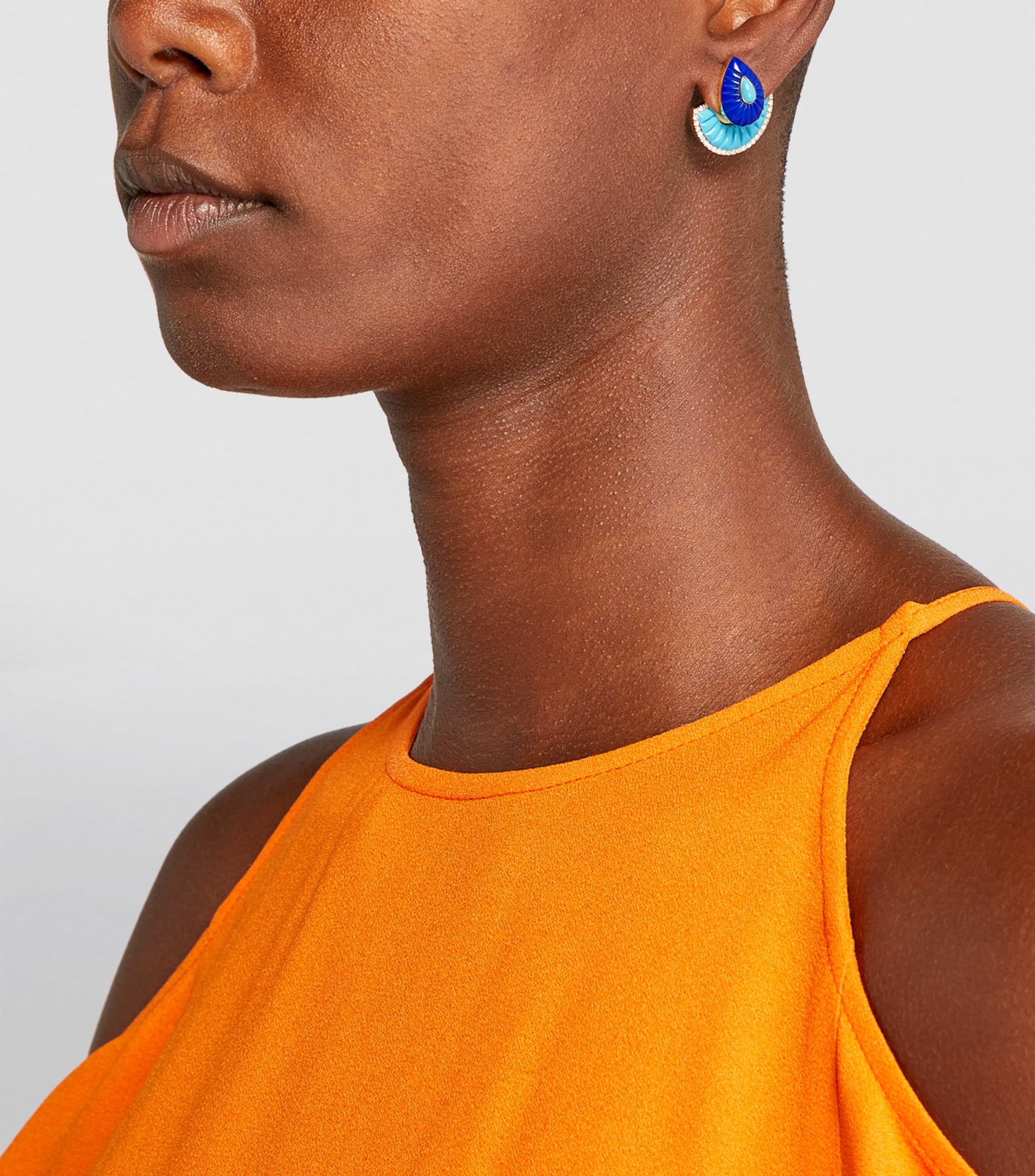 Yellow Gold, Lapis, Turquoise and Diamond Bond Fan Earrings TURQUOISE Image 5