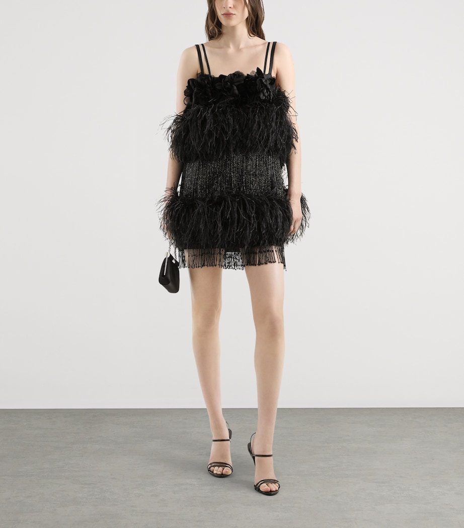 Feather-Trim Beaded Mini Dress N0000-BLACK Image 2