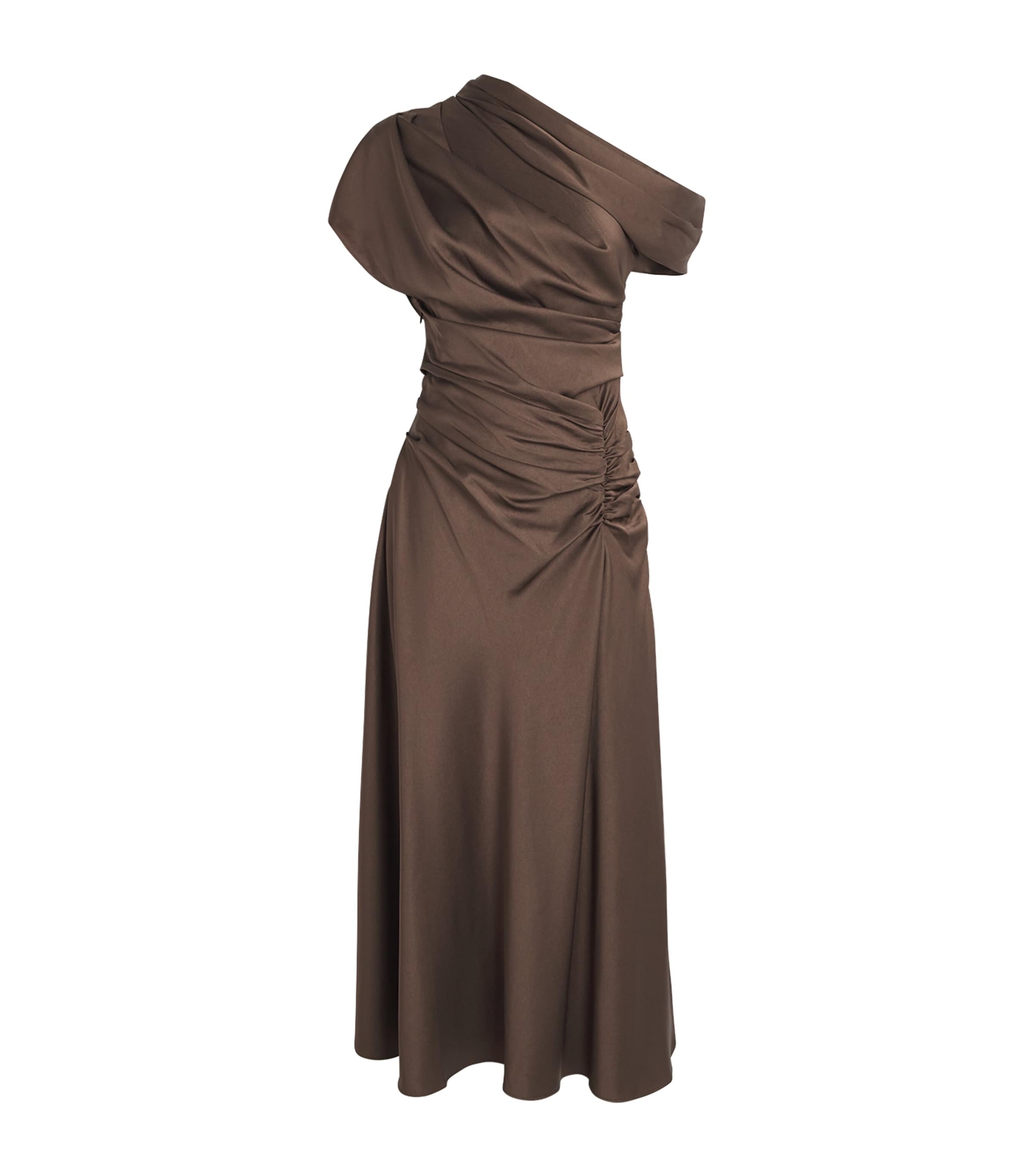Simkhai Satin Asymmetric Joanna Midi Dress In Brown
