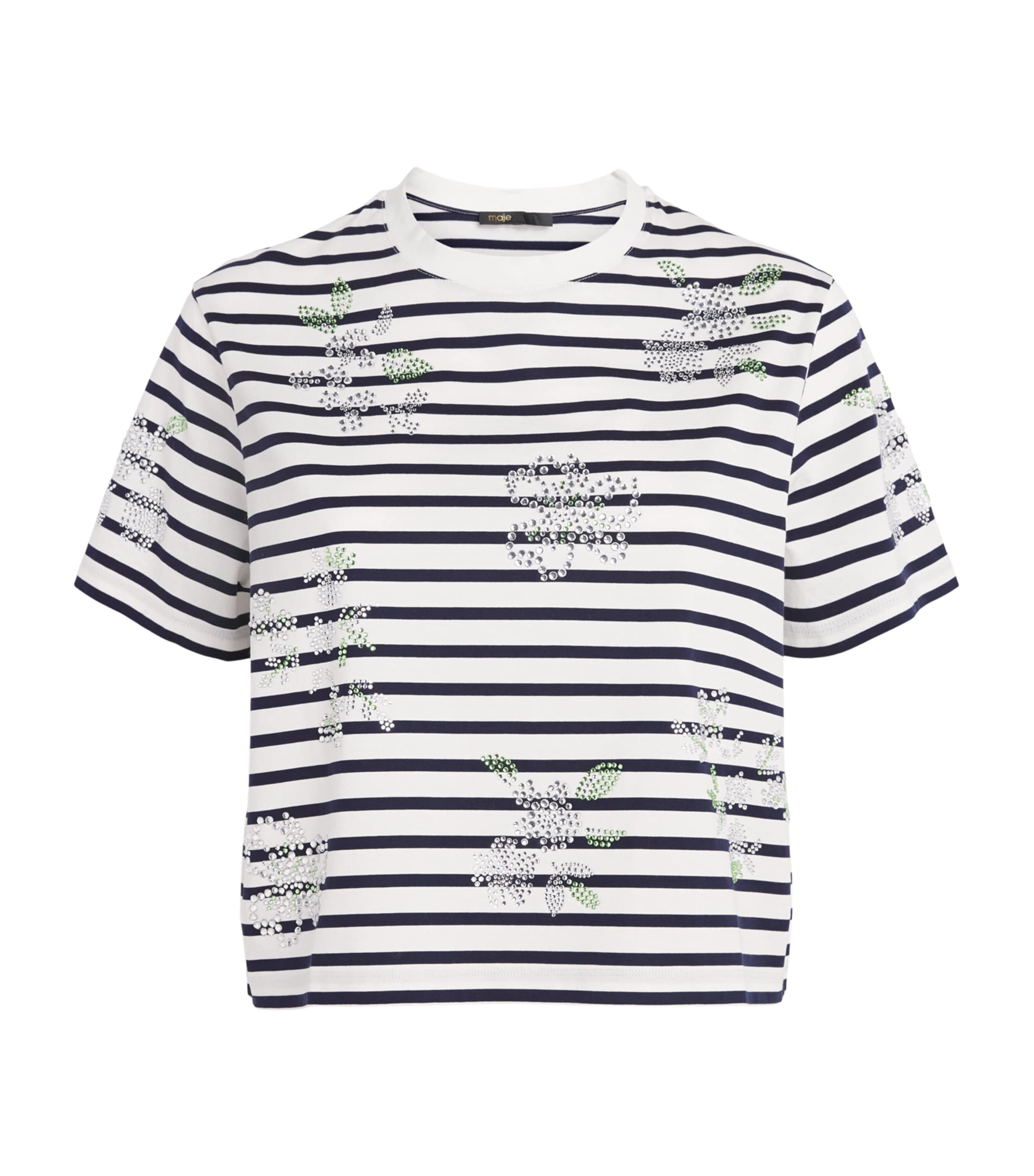 Maje Womens Cotton Rhinestone Stripe T-Shirt White Image 1