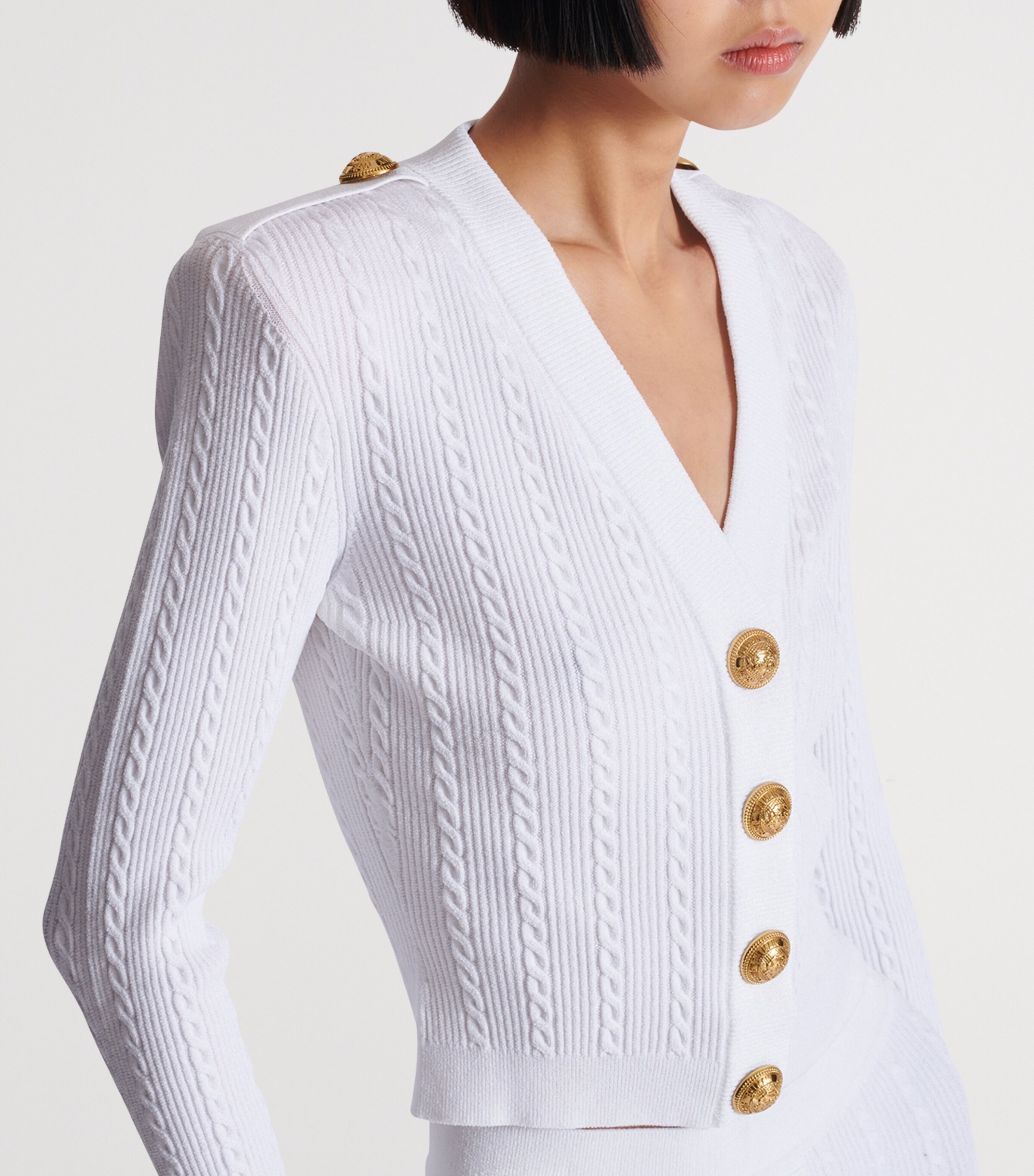 Button-Trim Cable-Knit Cardigan 0FA BLANC Image 7