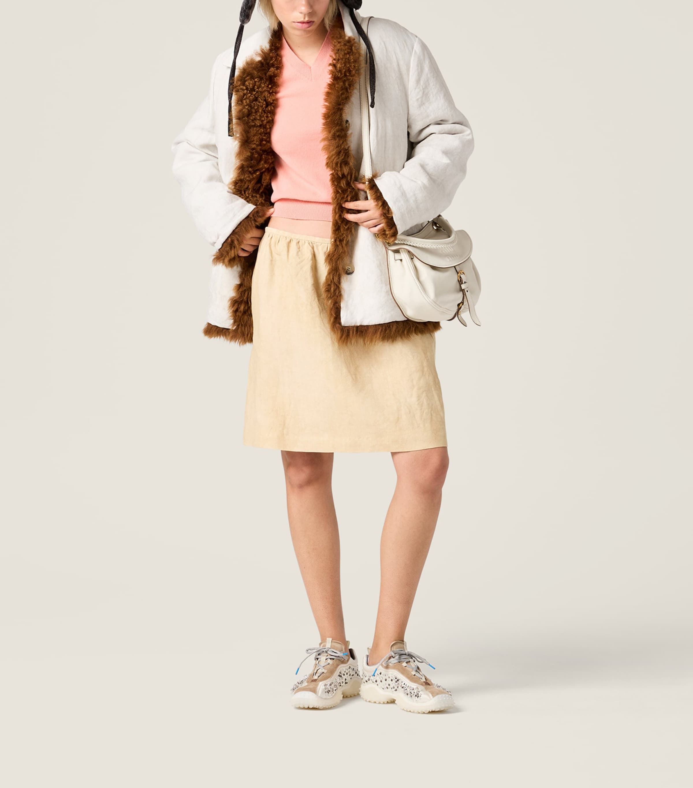 Miu Miu Womens Linen Frayed-Logo Mini Skirt Neutral Image 2