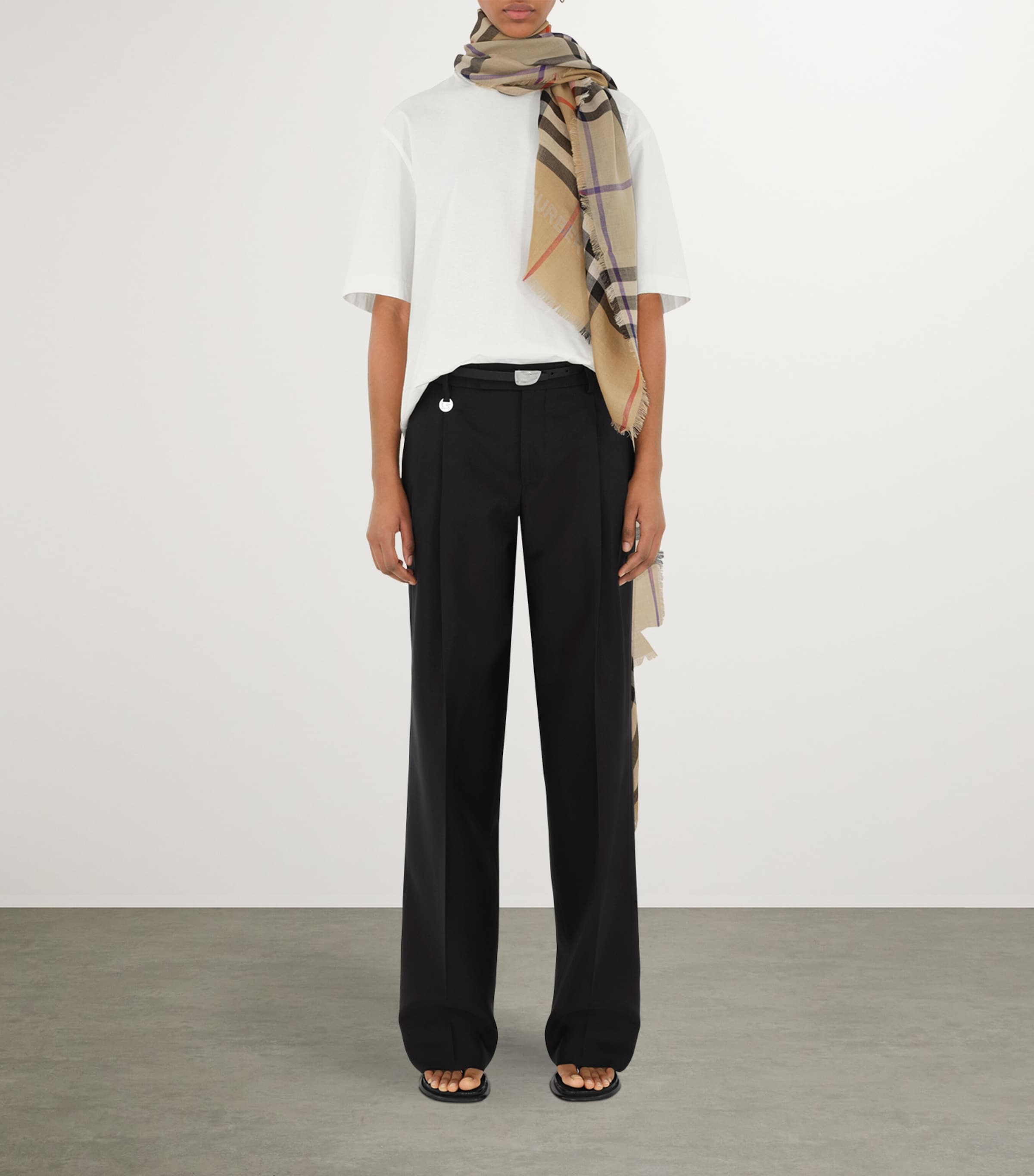 Wool-Silk Reversible Check Scarf SAND/LICHEN Image 7