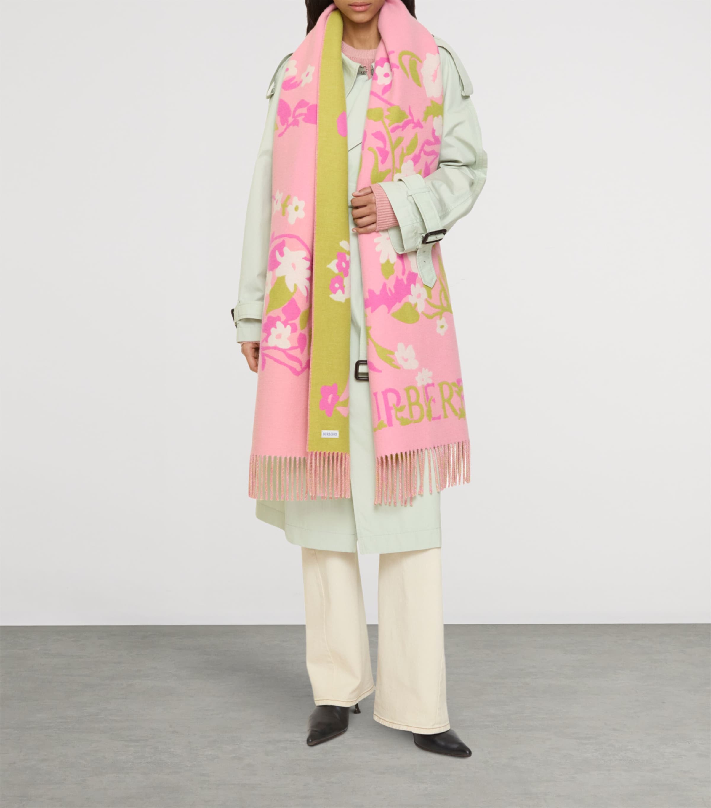Burberry Pink Cashmere Wide Floral EKD Scarf | Harrods US