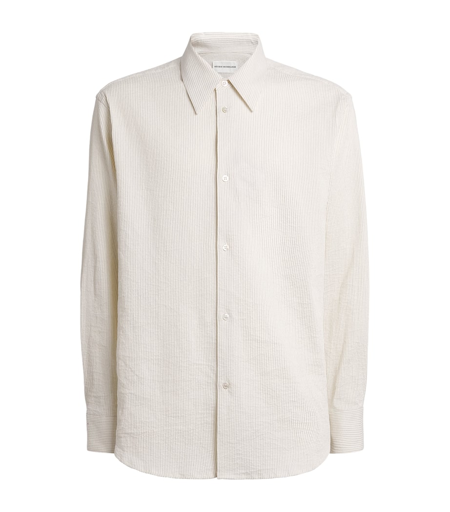 Studio Nicholson Mens Cotton-Linen Seersucker Stripe Shirt Parchment / Blk Strp Image 1