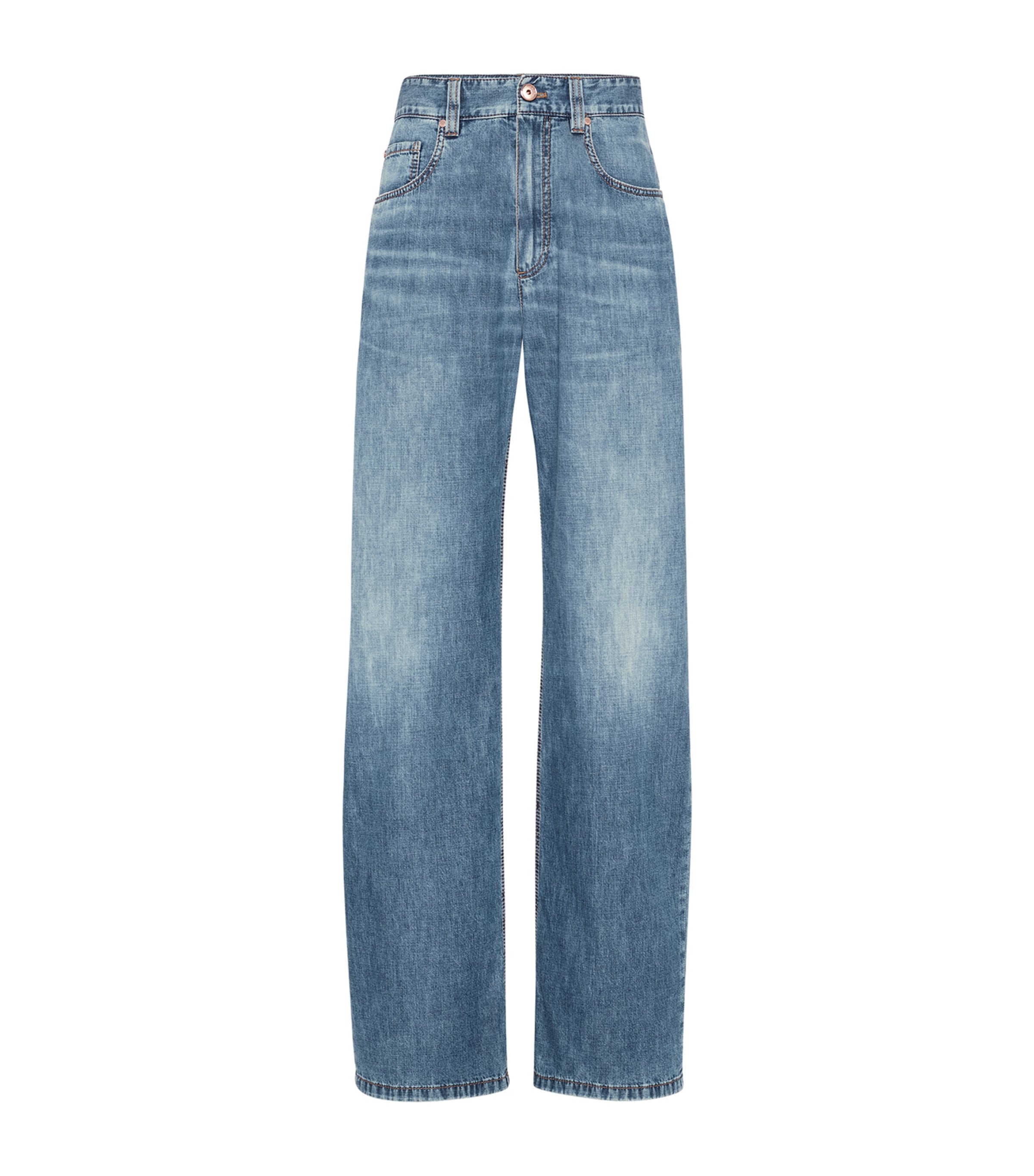 Brunello Cucinelli Wide-leg Blue Jeans With Whiskering Effect And Classic Five-pocket Design In Blue